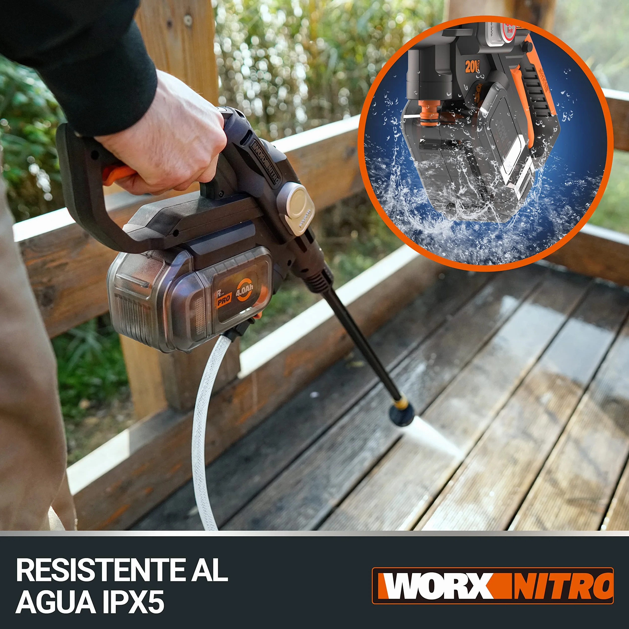 WORX Nitro WG633E Hdrolimpiadora 20V 4Ah, 56Bar, 220L/H, Limpieza de Coches y terrazas, batería y Cargador incluidos, compacta, Ligera y transportable para Limpiar en Cualquier Lugar