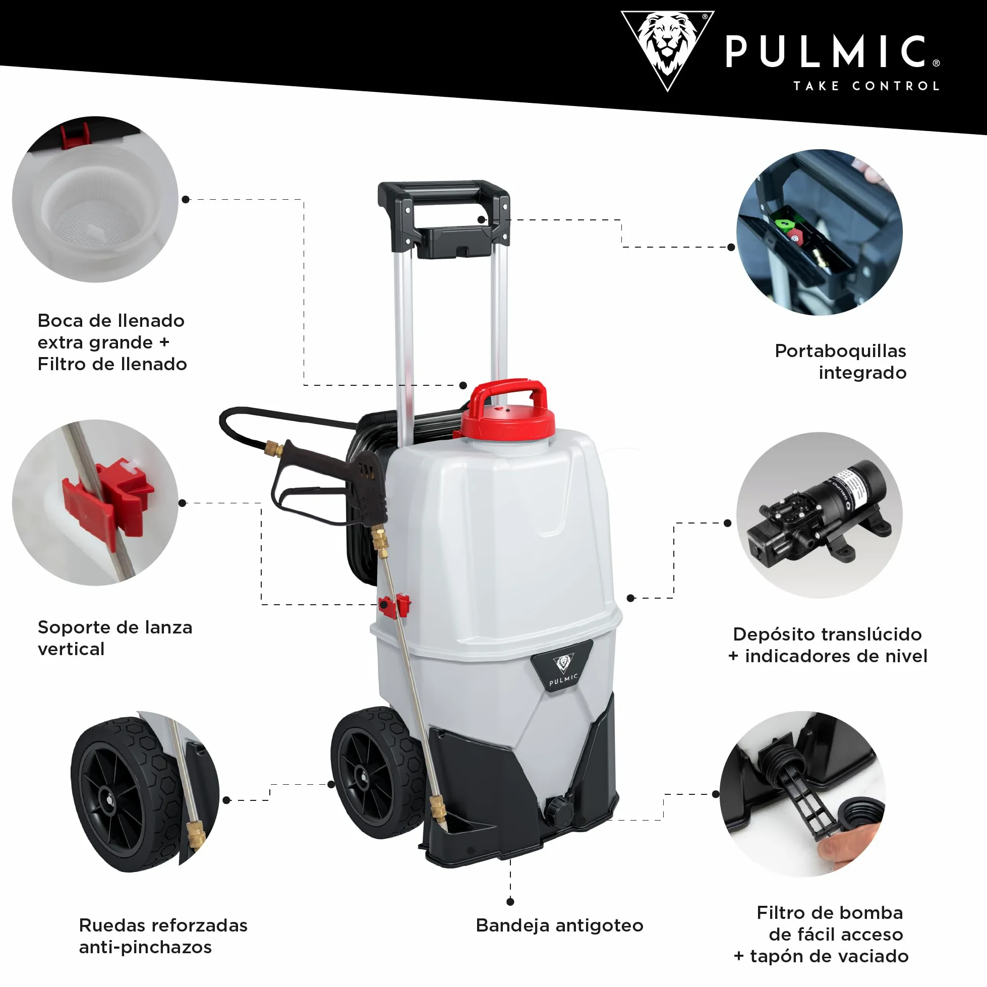 Pulmic Pulverizador a Presión Eléctrico Industrial 35L, 2 Baterías Litio 18V, 7 Bares, 3 Velocidades, Manguera 6M, Boquillas Rápidas, Pulverizador Químicos, Limpieza Tejados, Fachadas y Superficies