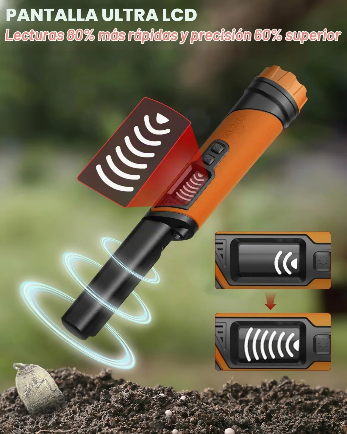 DR.ÖTEK Detector de metales Pinpointer IP68 totalmente impermeable submarino de mano puntero varita, pantalla LCD, detector de metales pequeño para adultos, alta precisión, 3 modos de alerta, para