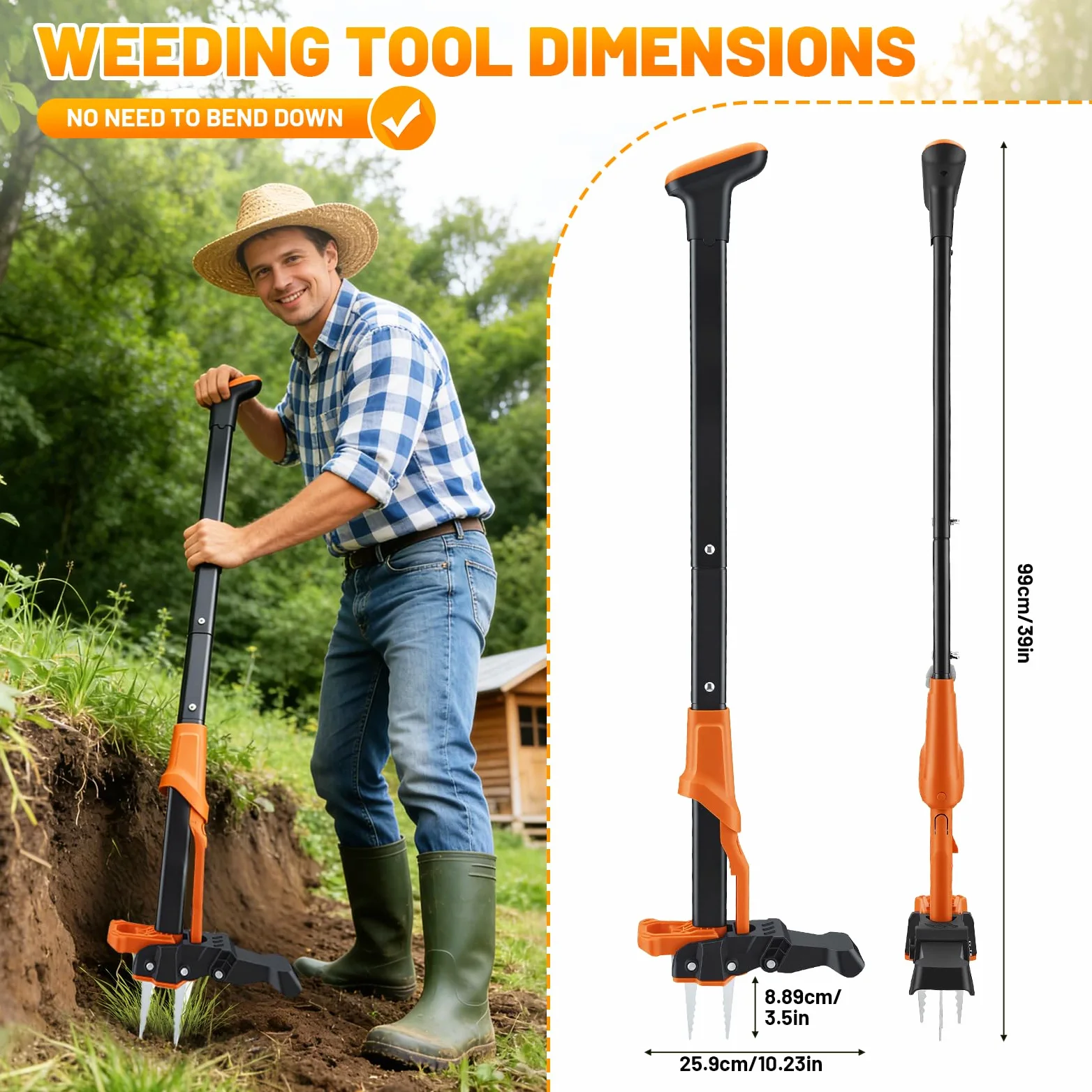 Desherbáceo manual y extractor de malezas con bolsa de jardín de 50 l, longitud 100 cm, 4 garras de raíz de acero en herramienta de deshierbe de mango largo para eliminar malezas
