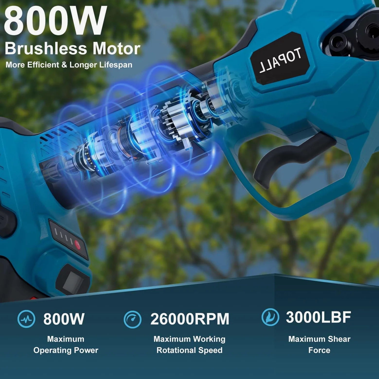 TOPALL Tijeras de Podar Electricas, 40MM Tijeras de Podar Bateria con Palo Telescópicas – Hasta 5M de Alcance, Profesionales Podadora Electrica con 2x4000mAh | 800W Motor Sin Escobillas | Pantalla LCD