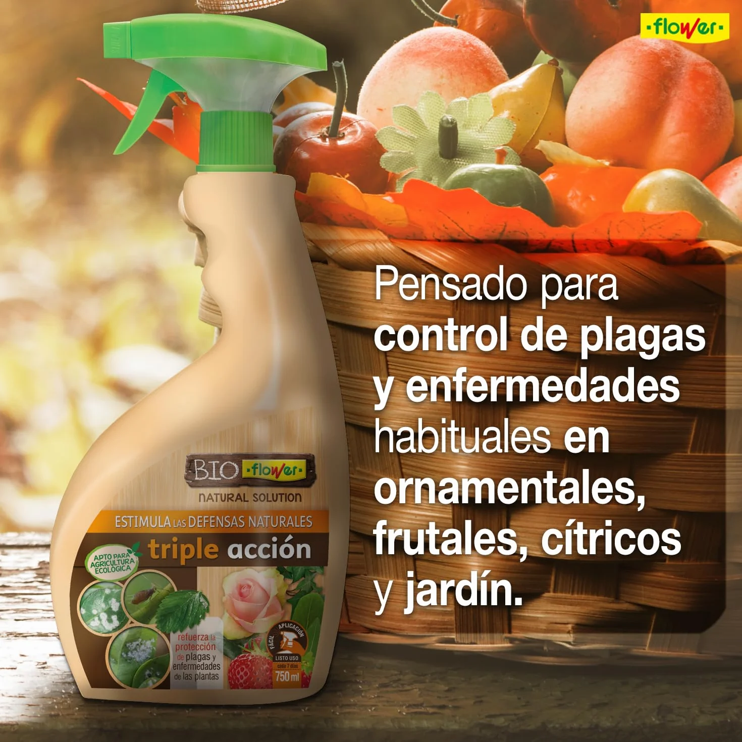 BioFlower - Triple Acción Ecológico 750 ml | Insecticida, Fungicida y Secante | Boro y Extractos Vegetales Biodegradables | Apto Agricultura Ecológica | Listo Para Usar