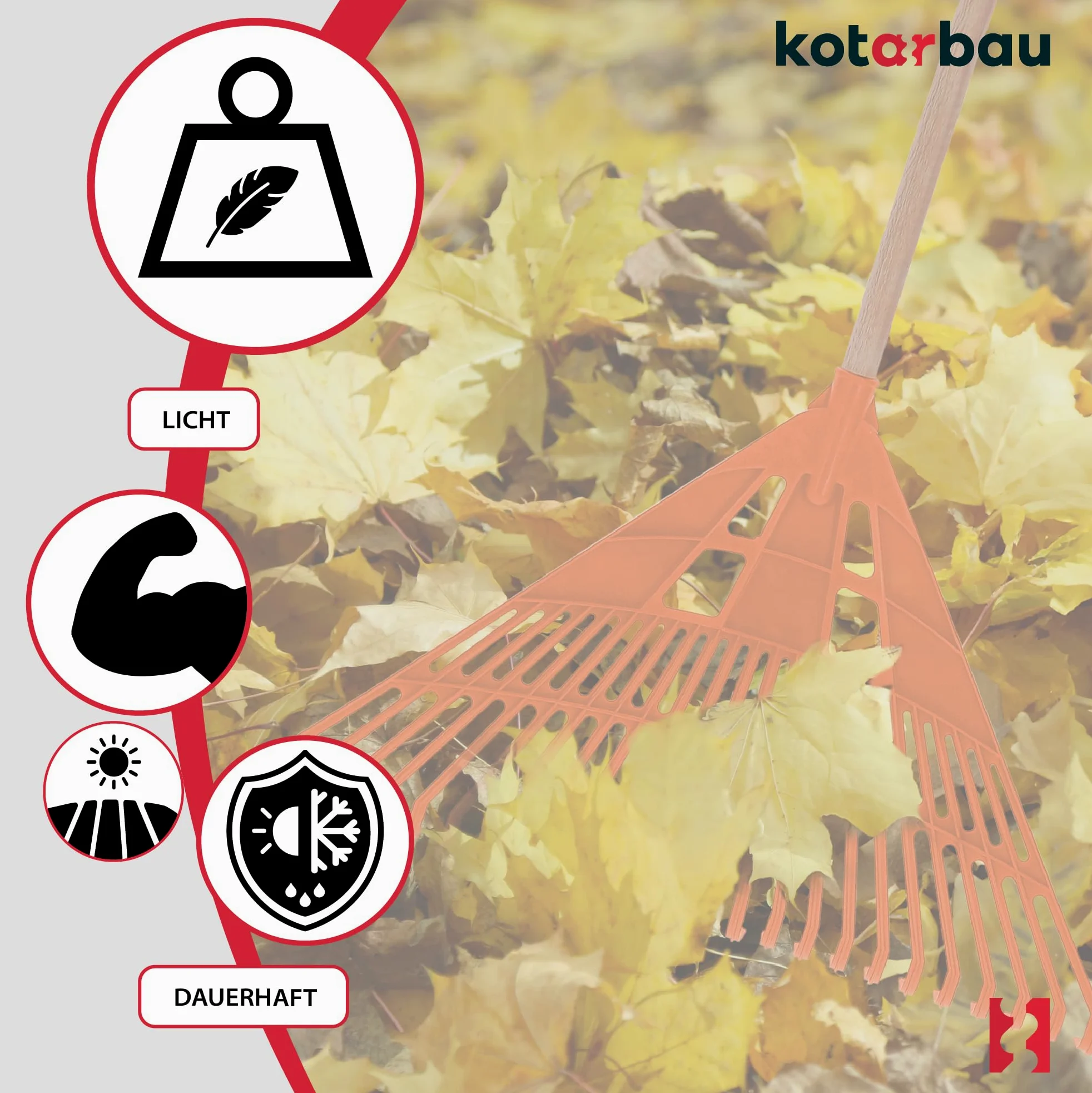 KOTARBAU® Rastrillo Jardín - Plástico - 61 cm - Naranja - con Mango - Rastrillo para Césped - Rastrillos - Ligero Y Resistente - Herramienta para Jardinería