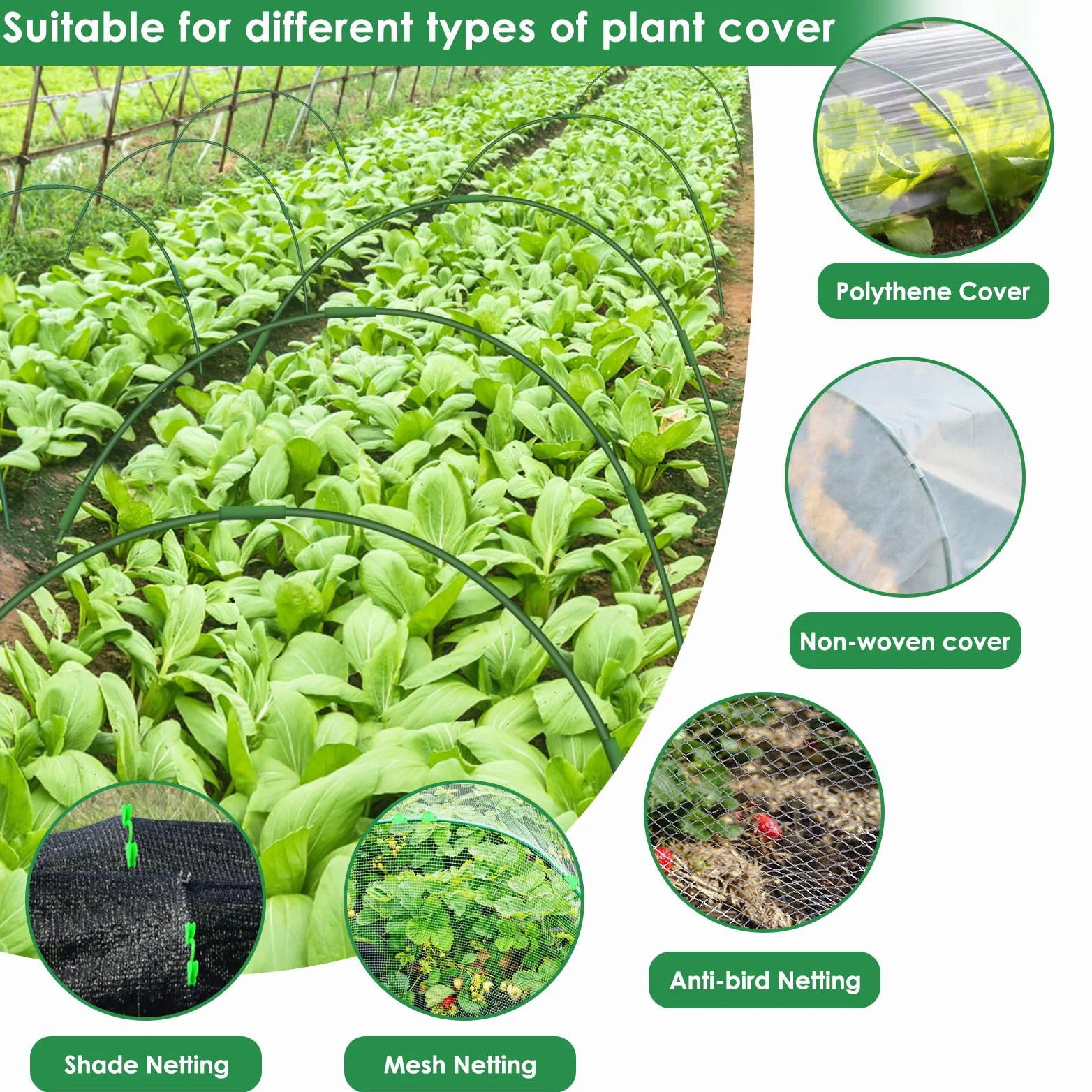 45 aros de invernadero para camas elevadas, 9 juegos de aros de jardín, túnel de cultivo, kit de aro de fibra de vidrio sin óxido, soporte para plantas, estacas de jardín, marco para red, sombra,