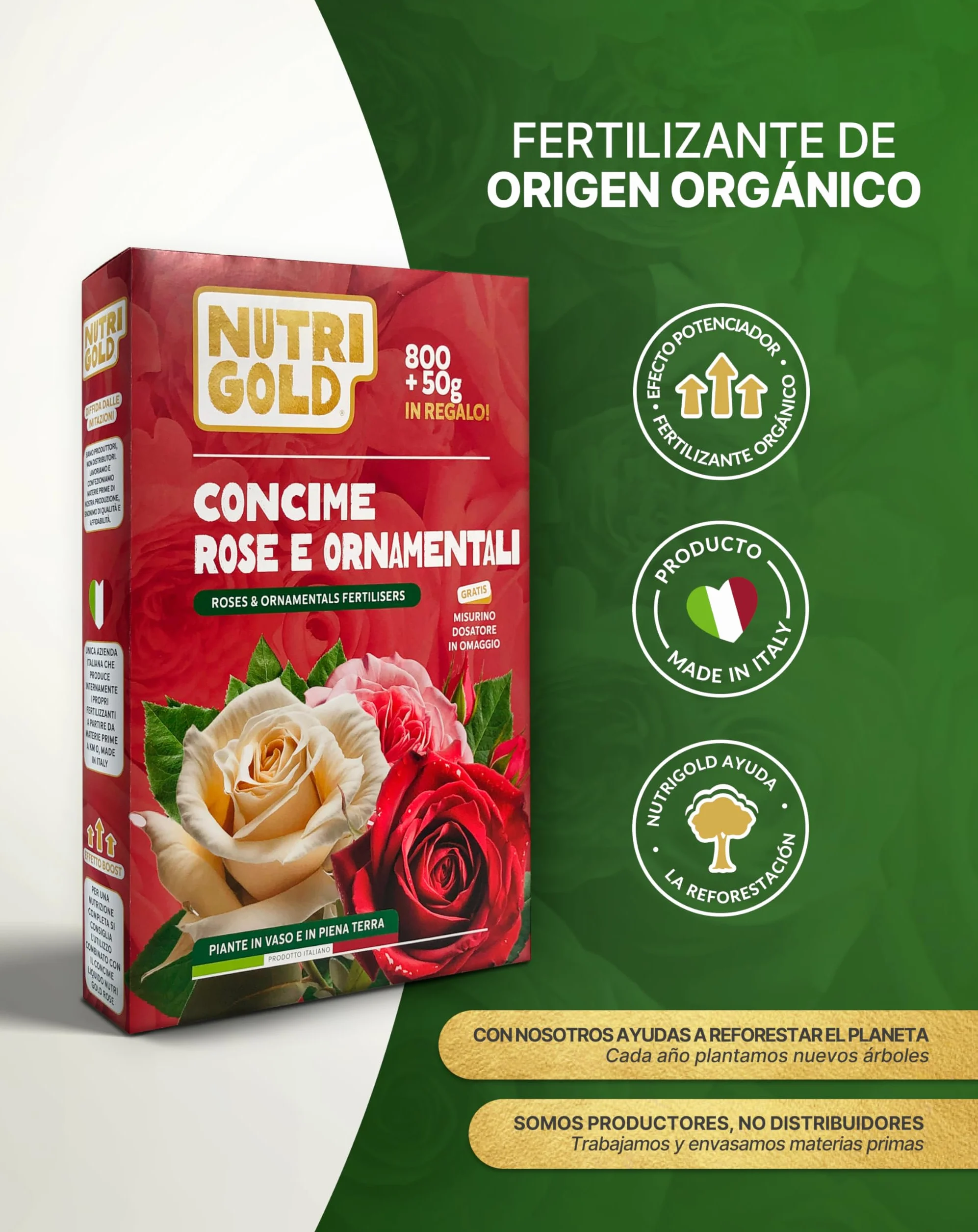 NutriGold® fertilizante Rosas y Flores | Abono para Rosas, Flores y Plantas Floridas - Estimula Floraciones Ricas e Intensas - 100% Natural Km0 - Sólido 800g + 50g Gratis