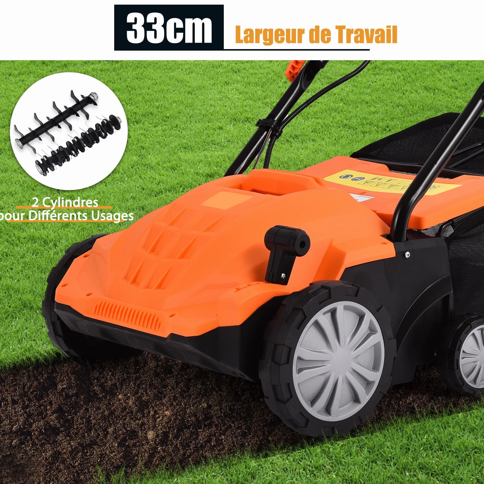 GOPLUS Escarificador Eléctrico 2 en 1, con Bolsa de Recogida de 30L/45L, Aireador de Césped con Altura Ajustable en 4 Niveles, 2 Cuchillas Extraíbles y Asa Plegable (30L,Naranja)