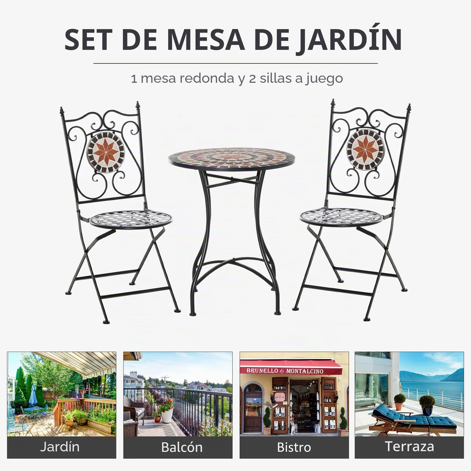 Outsunny 3 Piezas Mosaico Set Bistro, Mesa, 2 Sillas Plegables Negras | Asientos Exteriores, Marco de Metal, Elegante Volutas, Interior Patio Balcón