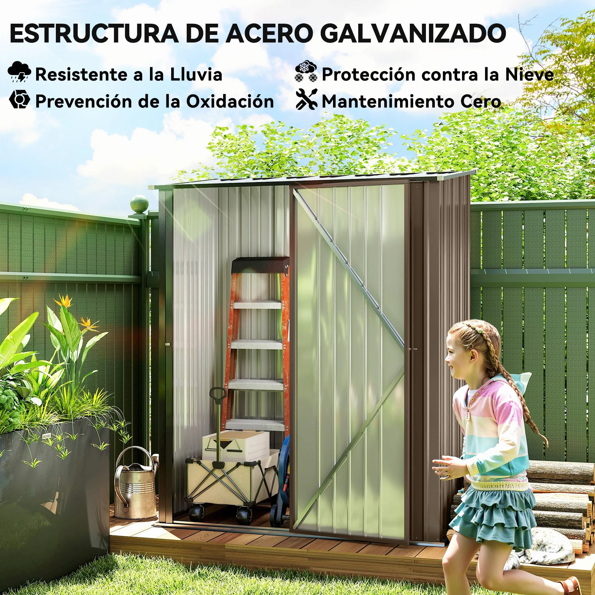 Outsunny Cobertizo de Jardín Exterior 1,34 m² 161,5x94,5x196 cm Caseta de Jardín Exterior Metálica con 1 Puerta y Cerradura para Almacenamiento de Herramientas para Patio Terraza Marrón