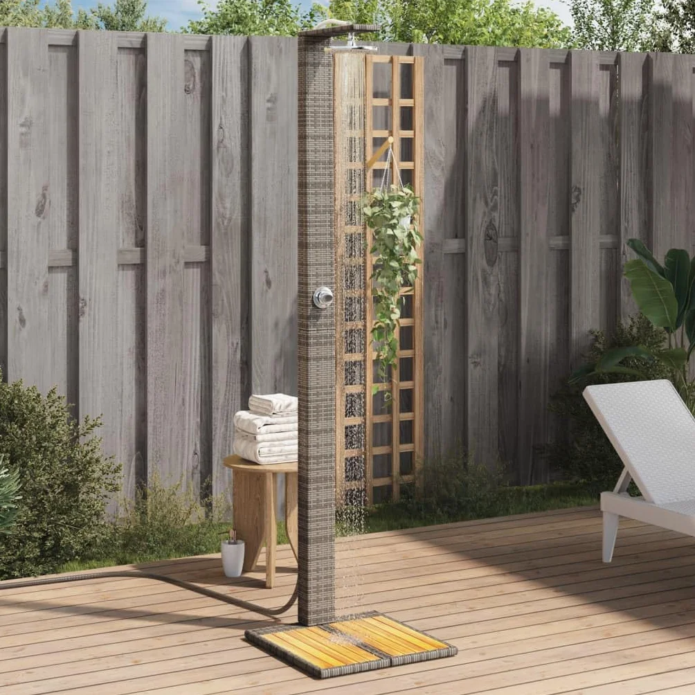 vidaXL Ducha de Exterior, Ducha con Rociador Giratorio, Ducha para Piscina, Mueble para Patio Jardín, Ratán PE y Madera Acacia Gris