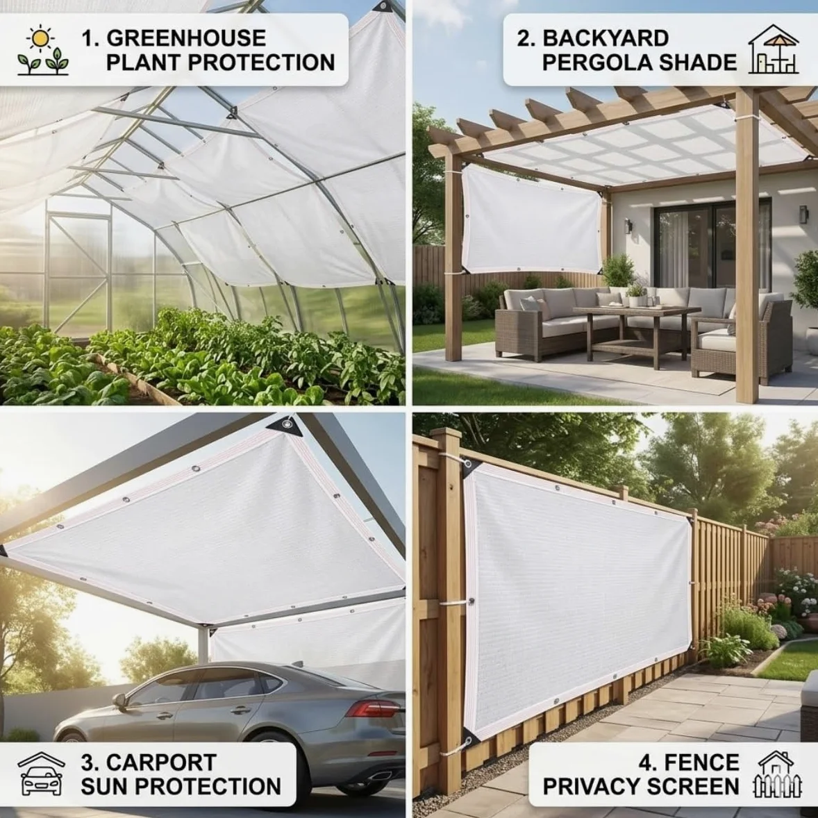 Jardineria Malla Sombra 4x3 6x6 5x3 3x2 Blanca 50% Sombreo, Maya Sombra 6x4 Reforzada, Techo para Patio Exterior con Ojales Cada 50cm, para Jardín, Terraza, Más(5X5M)