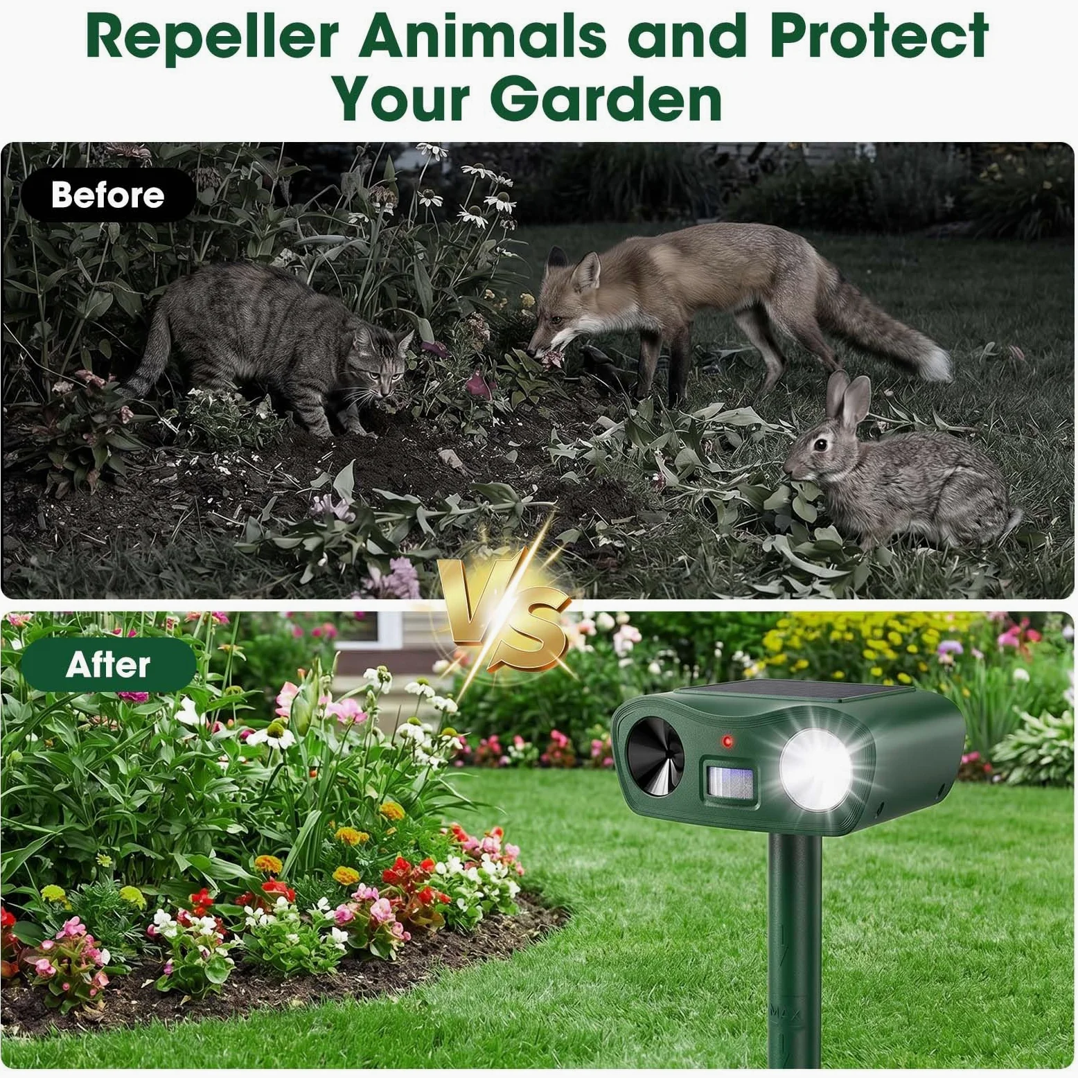 Repelente ultrasónico para Gatos, Repelente de Animales y Linterna con energía Solar, Repelente de Topos, disuasivo para Gatos en el jardín, eficaz contra Gatos, Perros, martas y Aves (2)
