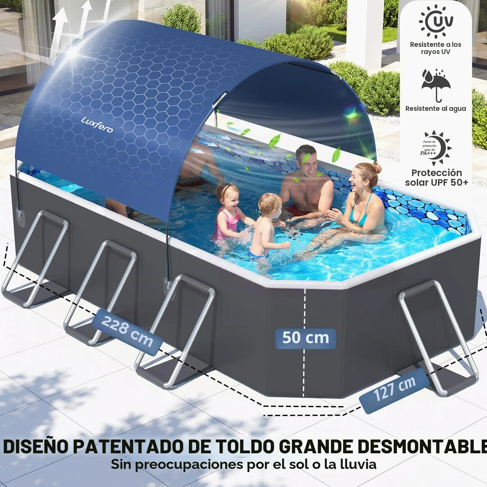 Luxfero Piscina Desmontable Rectangular con Toldo Solar, Piscina Desmontable Tubular Plegable, Piscina Rectangular de Exterior Épaissi, Fácil de Guardar Piscina para Adultos y Niños, 228 x 127 x 50 cm