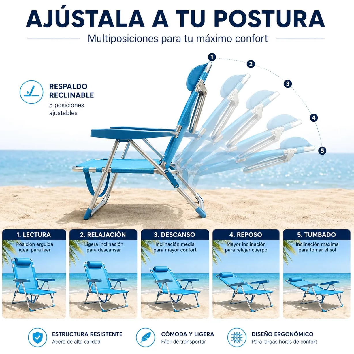TIENDA EURASIA Pack 2 Sillas de Playa Plegables, Reclinables con 4 Posiciones, Refuerzo Antivuelco en Patas, Reposacabezas, Textileno, Azul Turquesa, 48x62x85 cm