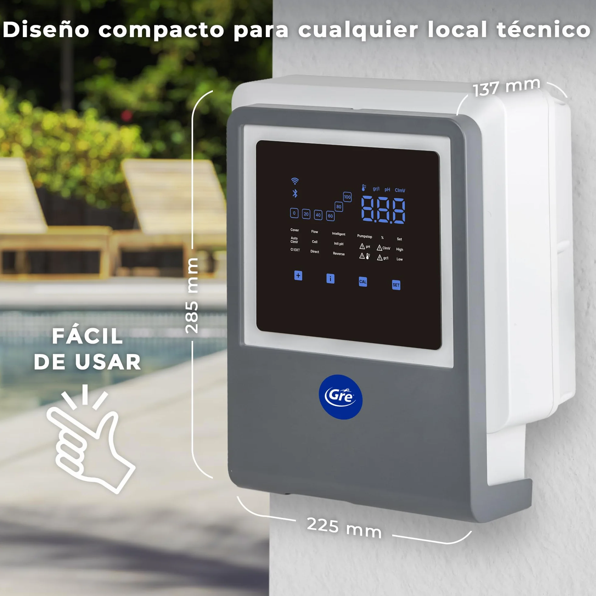 Gre - SWGA40 Clorador Salino Todo en Uno con Controlador de pH y Bomba Peristáltica, Conectado por App, 7 g/h, para Piscinas hasta 40 m³, Electrolisis de Sal Inteligente