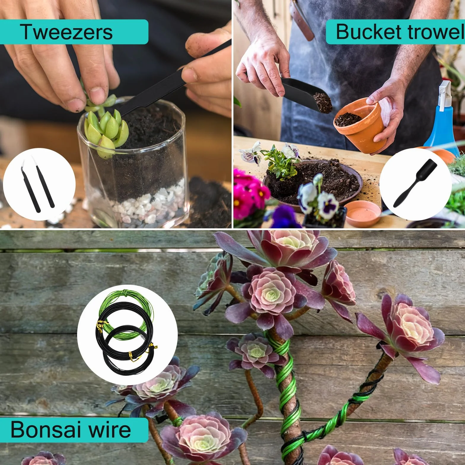 Juego de Herramientas Jardineria, 28 Piezas Kit Bonsai Incluyen Tijeras, Alambre, Mini Rastrillo, Pala y Tijeras de Podar, Las Suculentas Herramienta para Jardineria Casera y Plantas de Balcón