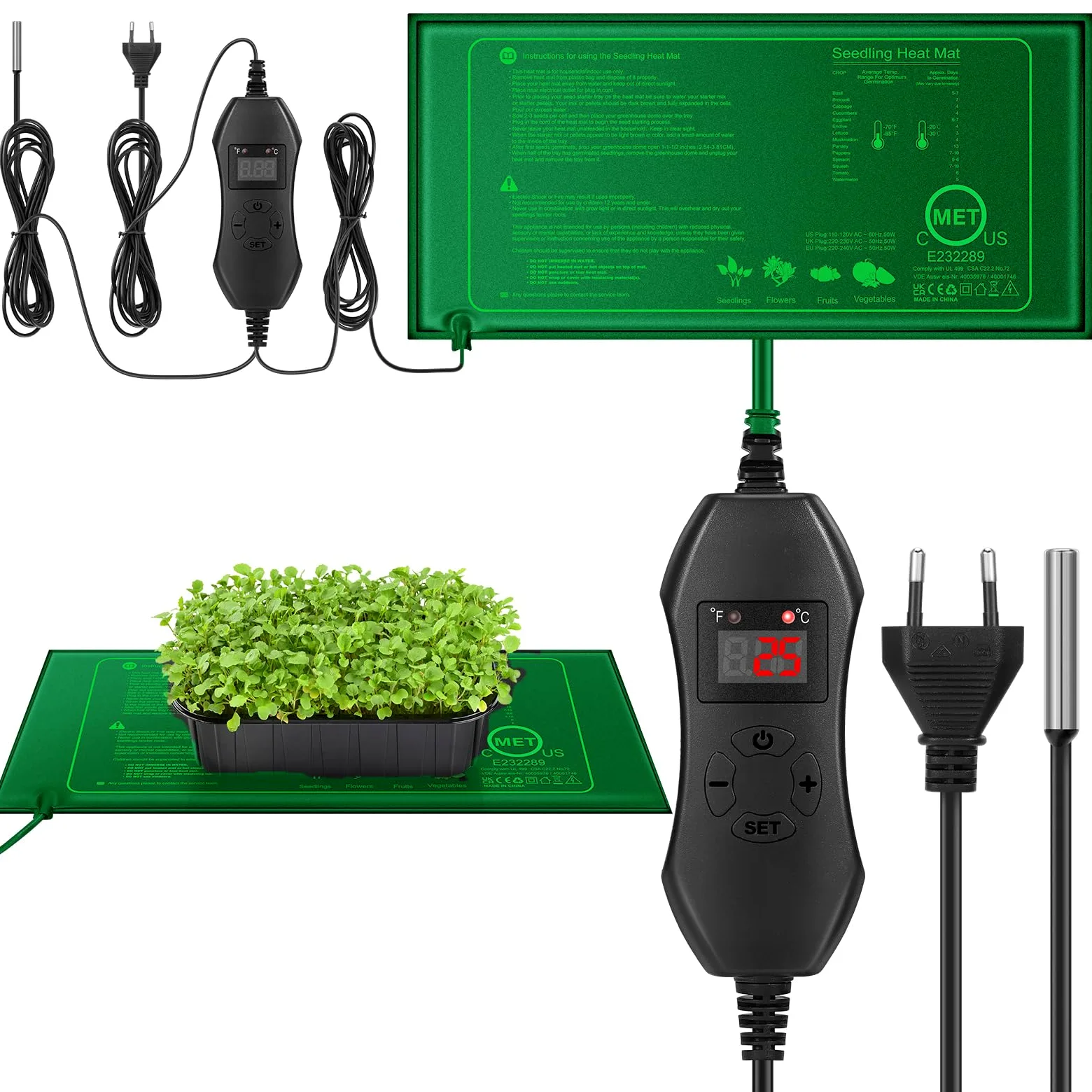 Alfombrilla Térmica con Termostato 25 x 52.5 cm 20W Impermeable para Plántulas Germinación Plantas Reptiles Anfibios