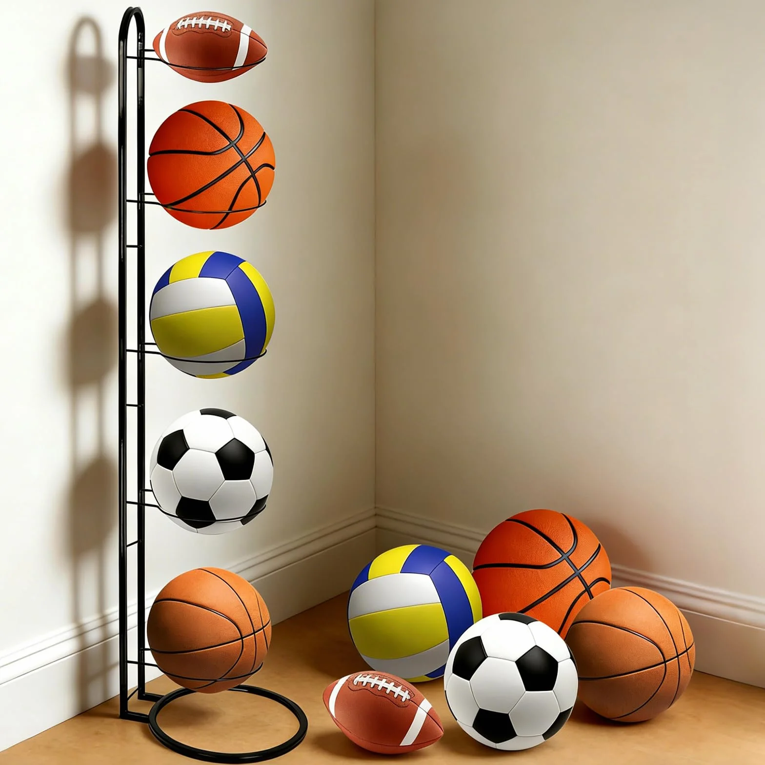 5 Niveles Soporte de Bola de Metal Negro, Estante Almacenamiento Balones Fútbol, Voleibol