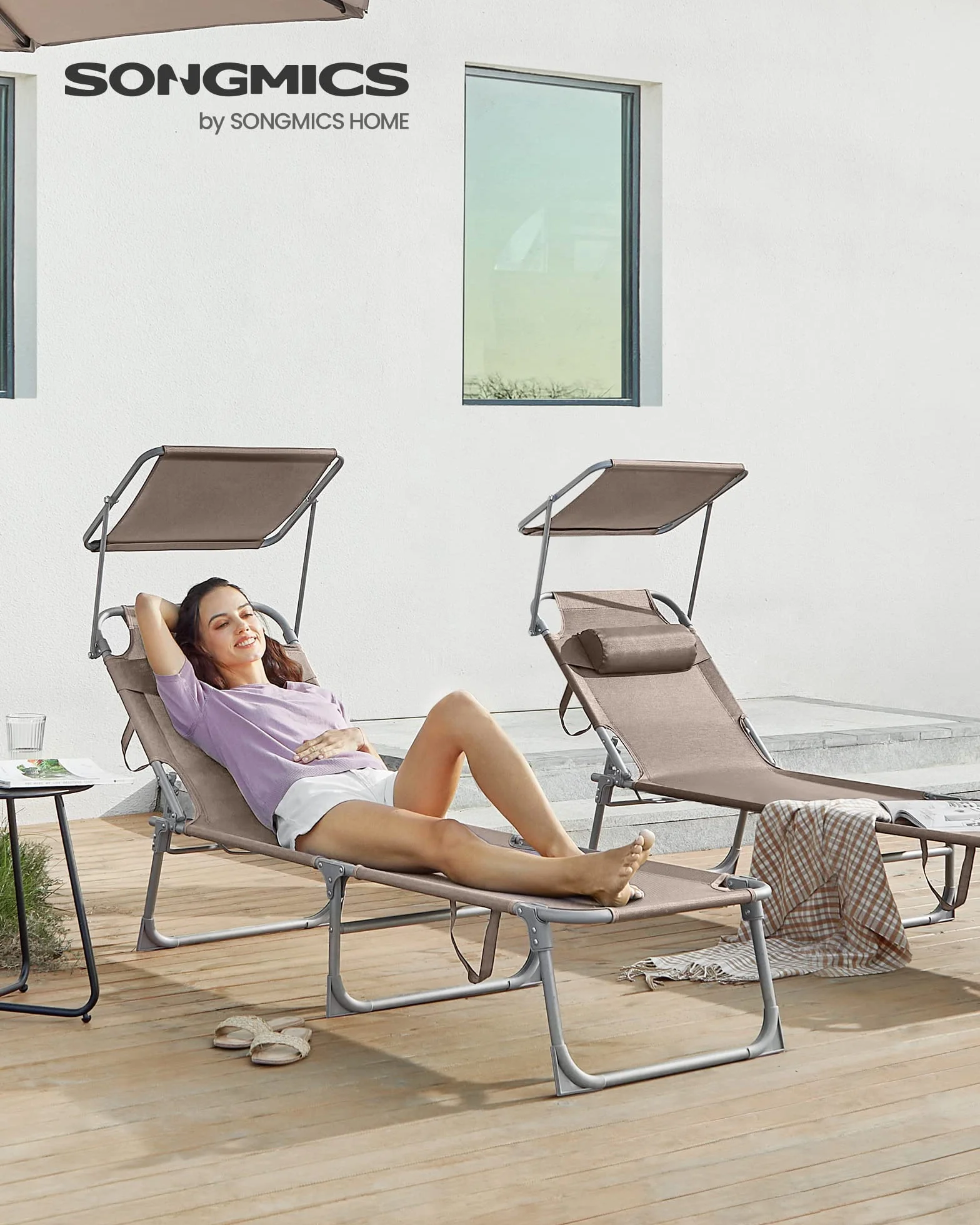 SONGMICS - Tumbona Plegable, Tumbona, 193 x 53 x 29 cm, Capacidad de Carga 150 kg, con Parasol y Respaldo reclinable, para jardín, Piscina, terraza, Color Topo GCB192K01