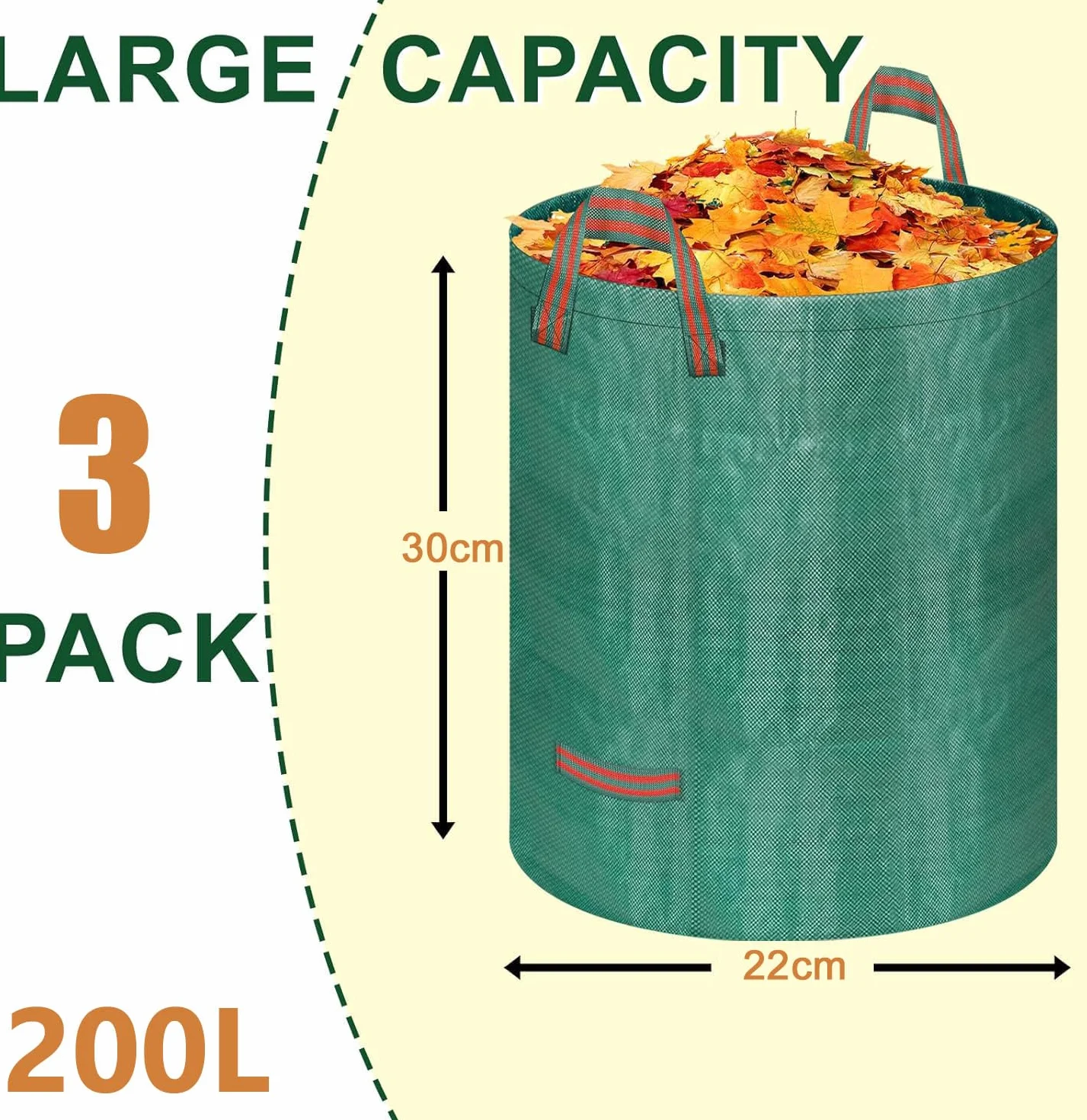 Bolsas de jardín, 3 x 200L Autoportantes y Plegables, Bolsas de Hojas Autoportantes, para Residuos de Jardín, Hojas Secas, Restos de Poda