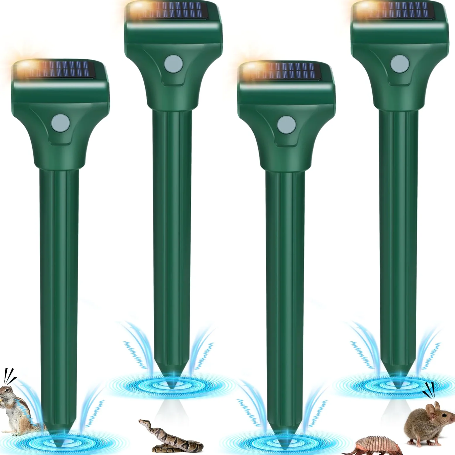 Repelente de topos para césped, paquete de 4, repelente solar ultrasónico de topos, IPX7 impermeable, estacas de vibración de campañol para patio, estaca disuasoria de topos para ardilla, marmota,