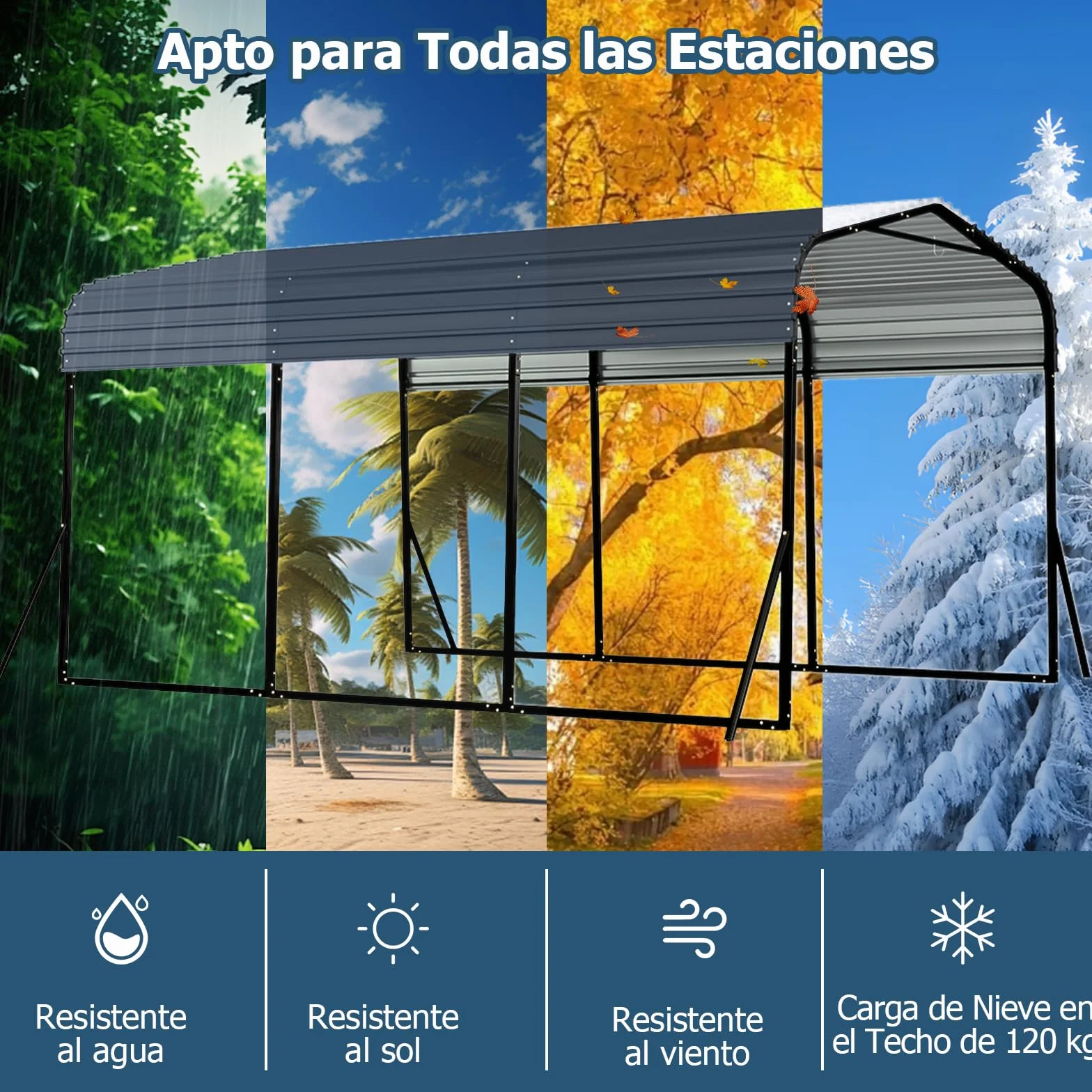 GOPLUS Cobertizo de Coche de Metal, 440 x 300 x 250 cm, Refugio de Vehículo con Techo Duro, 4 Patas Inclinadas y Anclajes de Fijación para Exteriores, Carpa Al Aire lIbre para Camiones, Tractores, Suv