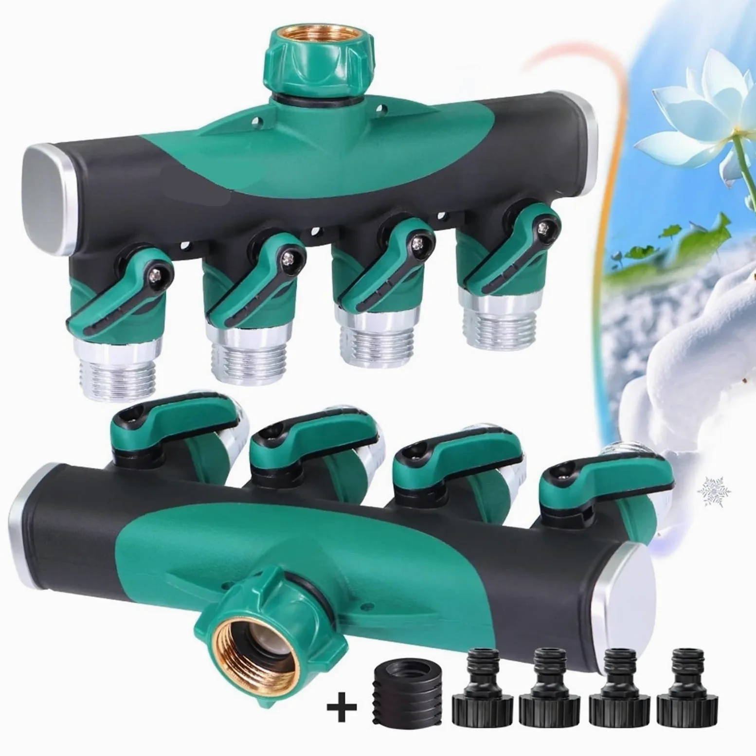 Divisores de Grifo Rosca 4 vías y 3/4 Pulgadas Metal Resistente con válvulas Cierre for Adaptador Manguera jardín Conectores Agua para JardíN(Green-BSP)
