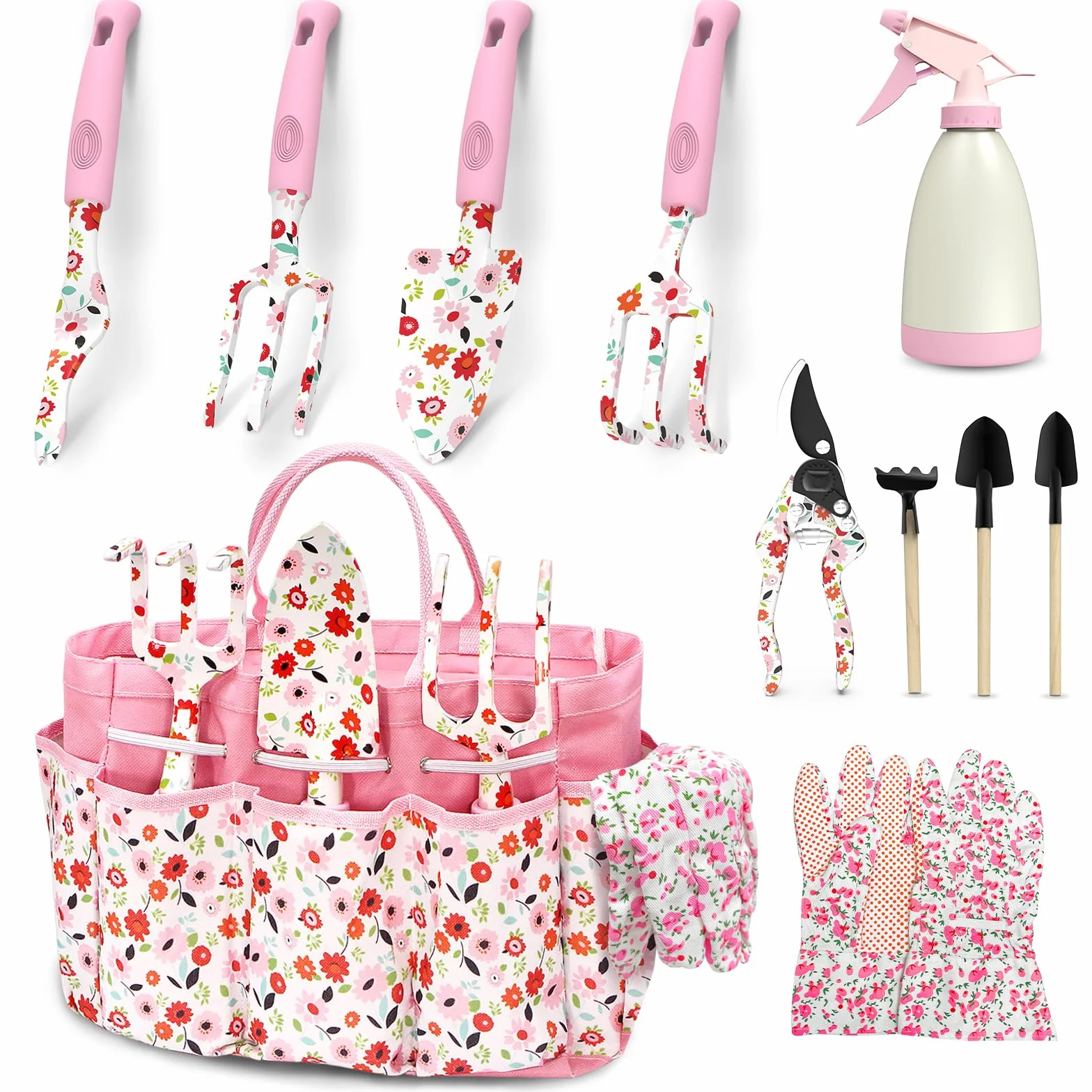 MQFORU Herramientas de jardinería, Juego de Herramientas de Huerto y Jardín Resistentes de 11 Piezas, Nuevo Juego Completo Impresas con Elegante Bolsa, Regalos de jardinería para Mujeres y Hombres