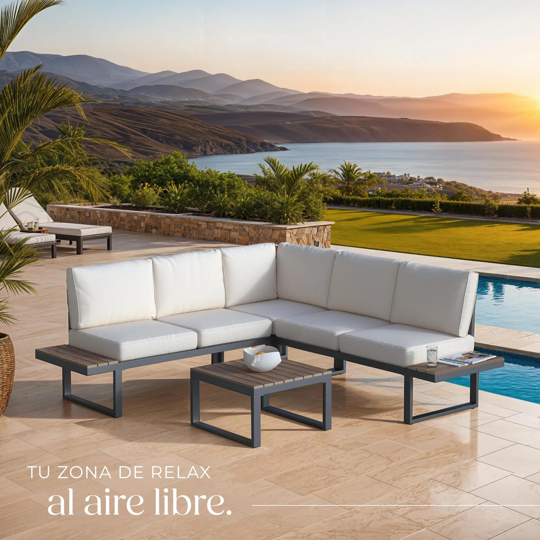 tectake® Conjunto de Muebles Jardin Exterior 4 Piezas, sofá Exterior, Aluminio Resistente a la Intemperie, Cojines extragruesos, Fundas extraíbles, Conjunto Jardin Exterior - Negro