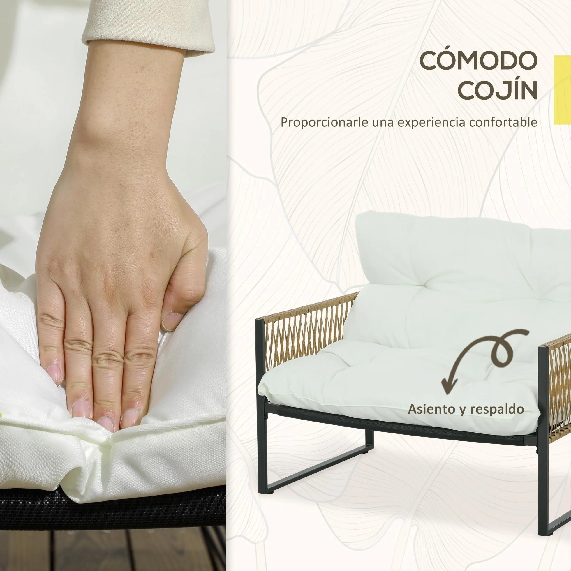Outsunny Conjunto Jardín Exterior de Ratán, Muebles Jardín Exterior para 4 Piezas, Muebles Terraza con 1 Sofá de 2 Plazas, 2 Sillones, Cojines y 1 Mesa de Tablero de Vidrio, para Patio, Crema y Marrón