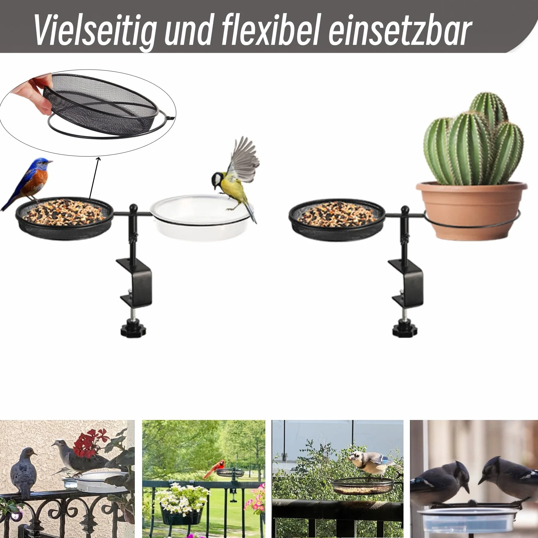Bebedero para pájaros y comedero 2 en 1 con soporte de sujeción para barandillas de balcón, comedero colgante para pájaros, baño de agua, comedero para pájaros en el jardín o balcón