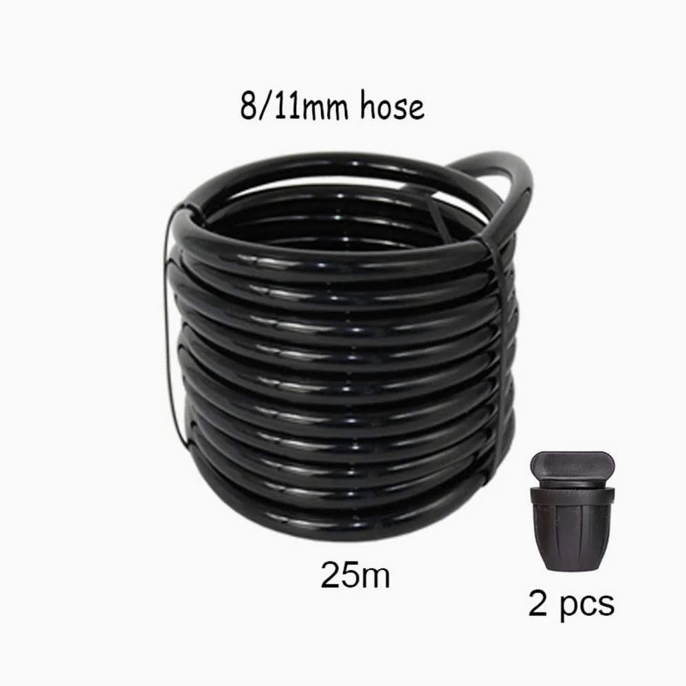 Manguera flexible de riego por goteo, tubo PVC 8/11 mm for jardín con tapón negro, varios tamaños(20m)