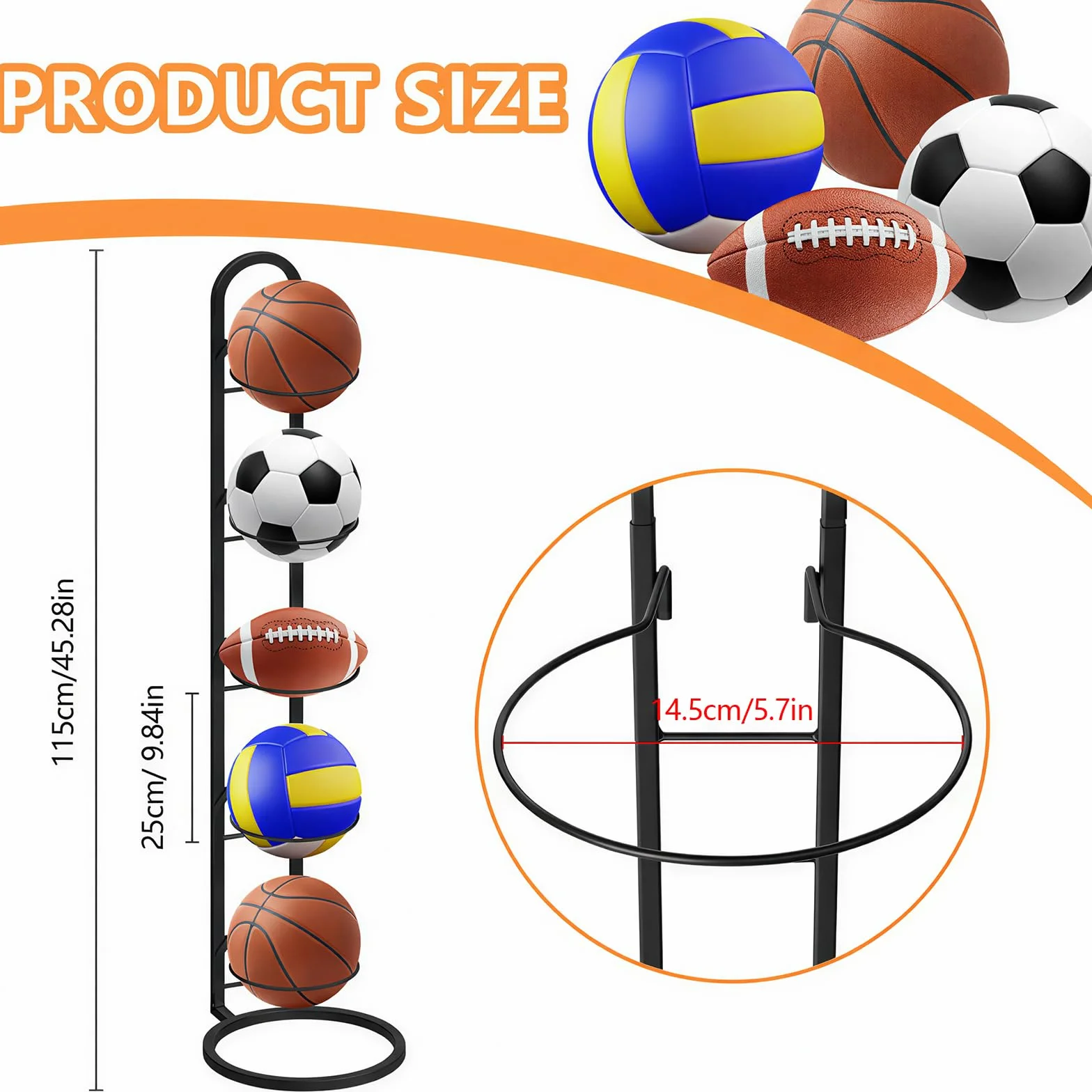 5 Niveles Soporte de Bola de Metal Negro, Estante Almacenamiento Balones Fútbol, Voleibol