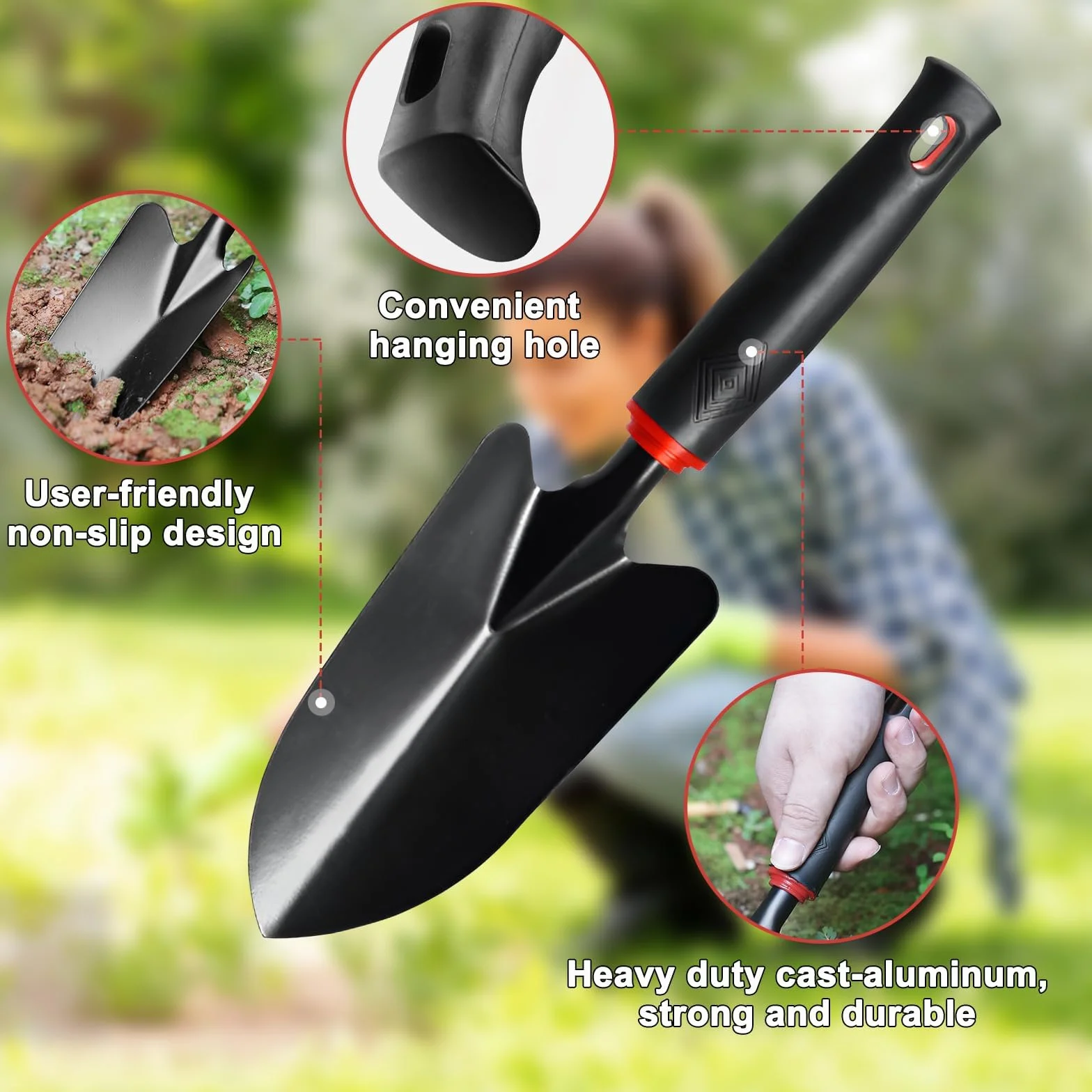 Herramientas de jardinería de 3 Piezas con Mango Antideslizante – Kit Profesional de Acero Inoxidable para plantación, excavación y azada (Pala, trasplantador, azada Doble)