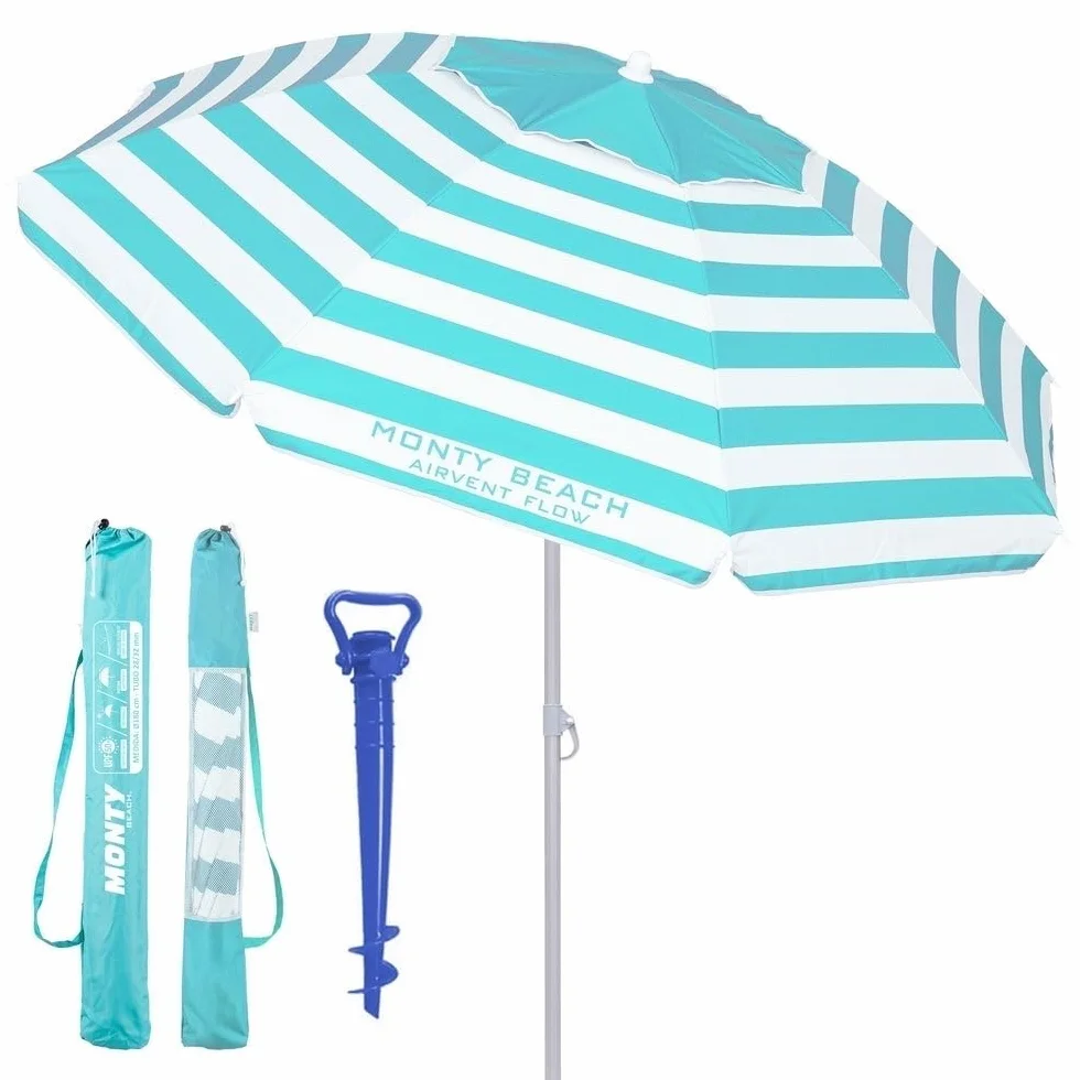 LOLAhome Sombrilla Playa 180 cm y Soporte Arena, protección UV+50, sombrilla antiviento, Varillas Flexibles Fibra Vidrio, Techo ventilación, mástil inclinable y Regulable Altura, Bolsa
