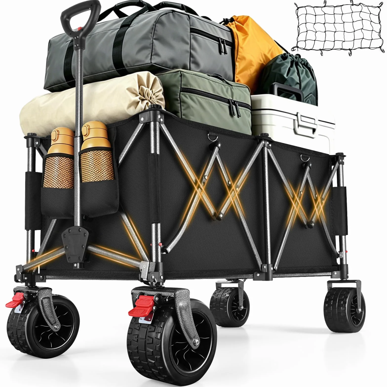 YEAUPE PRO XXXL Carro Playa Ruedas Grandes 200kg/260L – Frenos Dobles, Ruedas Anchas, Estructura Reforzada, Mango Ajustable, para Playa y Camping – Red elástica incluida, Negro Carbón