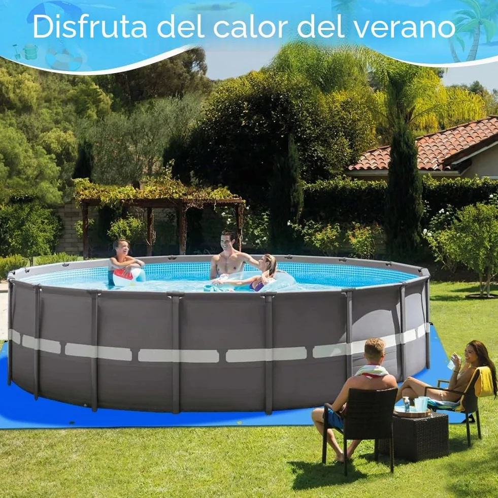 Roadtime Lona de suelo de piscina, 120 g/m², gruesa, cuadrada, con 4 ganchos y 20 m de cuerda de nailon, base de piscina con agujeros, lona impermeable y resistente a desgarros (4 x 4 m, azul)