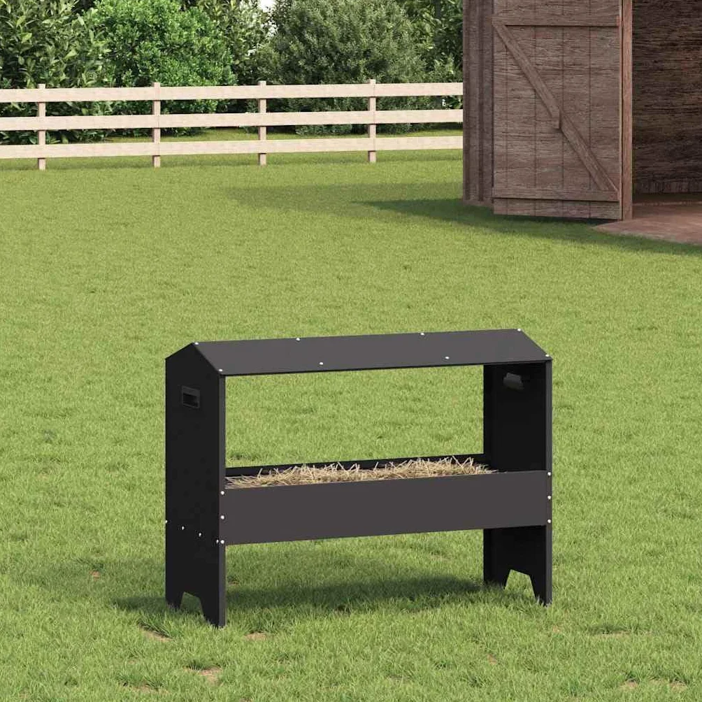 Comederos para animales de granja de acero laminado en frío negro 79 x 35 x 62 cm con capacidad de 15 kg para interior y exterior, solución de alimentación estable fácil de limpiar