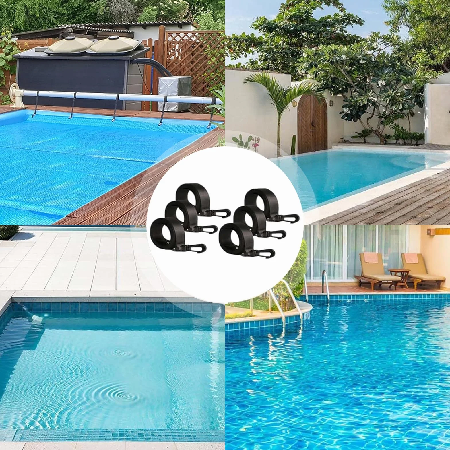 Enrollador de piscina, juego de 8 bandas de sujeción y 8 grapas, accesorios de cubierta, correas de cubierta solar y clips, para láminas solares para lonas de piscina, cubiertas