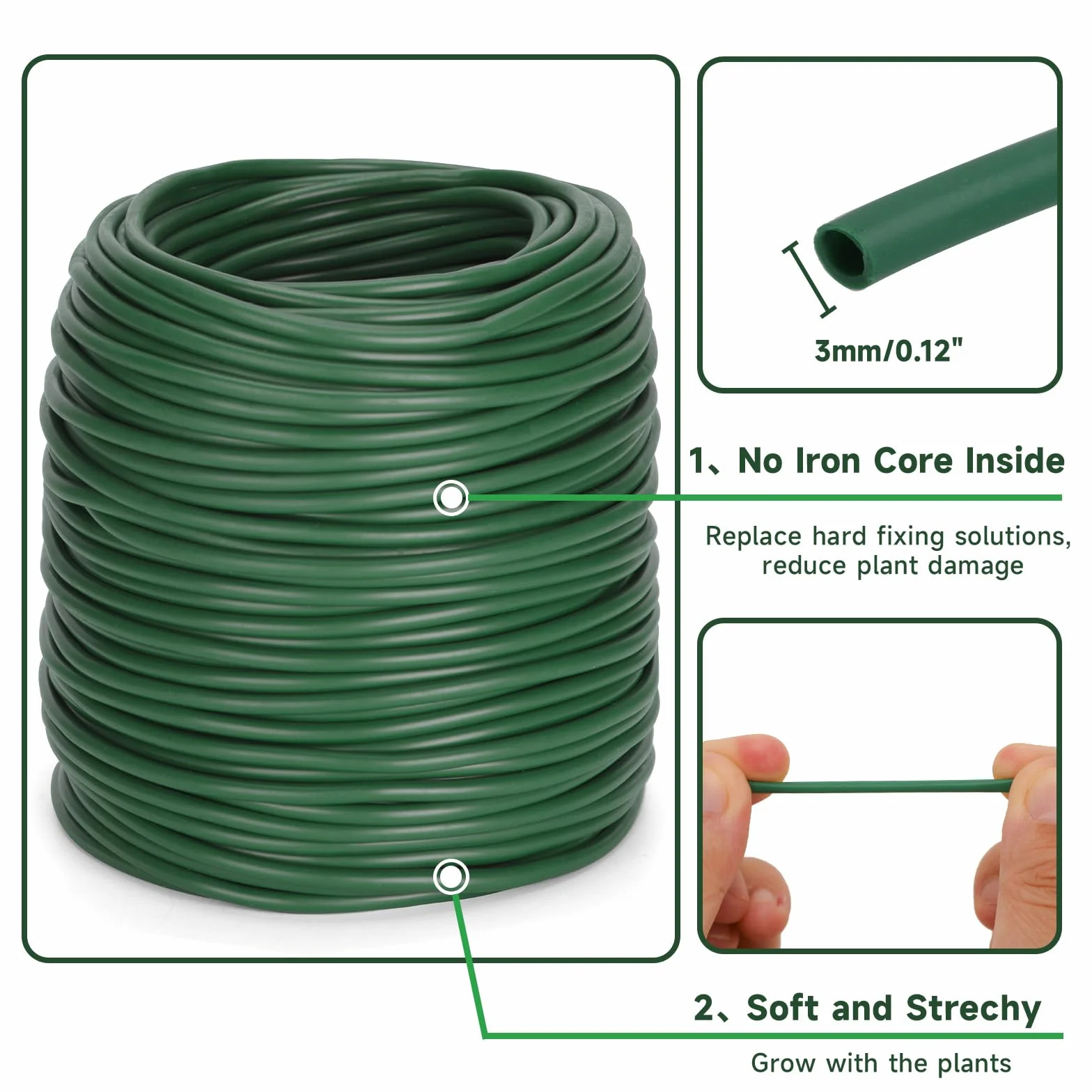 KINGLAKE Tubo de Atado Flexible, Cinta de Jardín Verde de 3mm x 50m para Plantas Trepadoras, Cuerda de Jardín de Plástico para Tomates, Rosas, Soporte para Vegetales