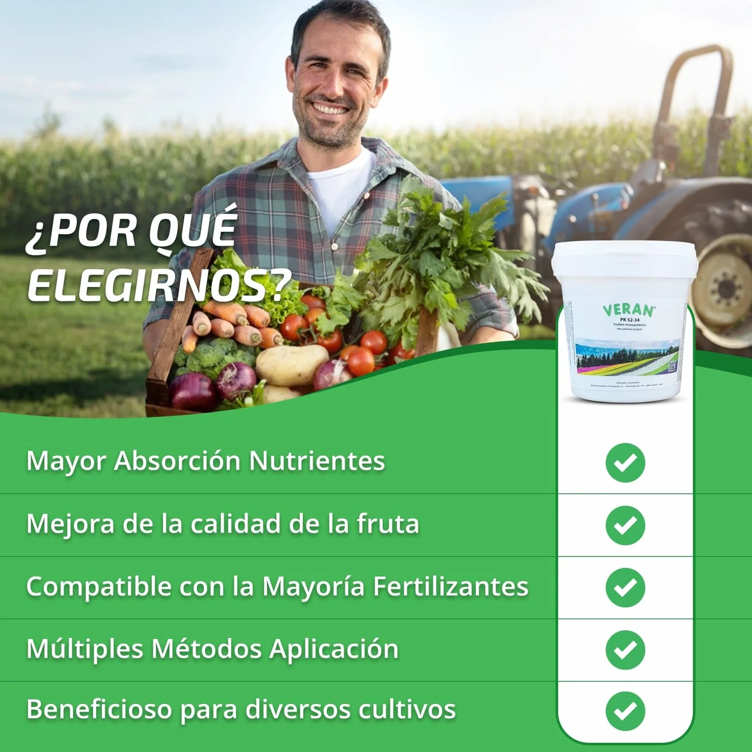VERAN | Fertilizante Plantas de Flor, Citricos y Huerto PK52-34 | 1KG | Estimula el Crecimiento y el Florecimiento | Hidrosoluble Cristalino Monopotasico + Fosforo | Abono de Fosforo y Potasio