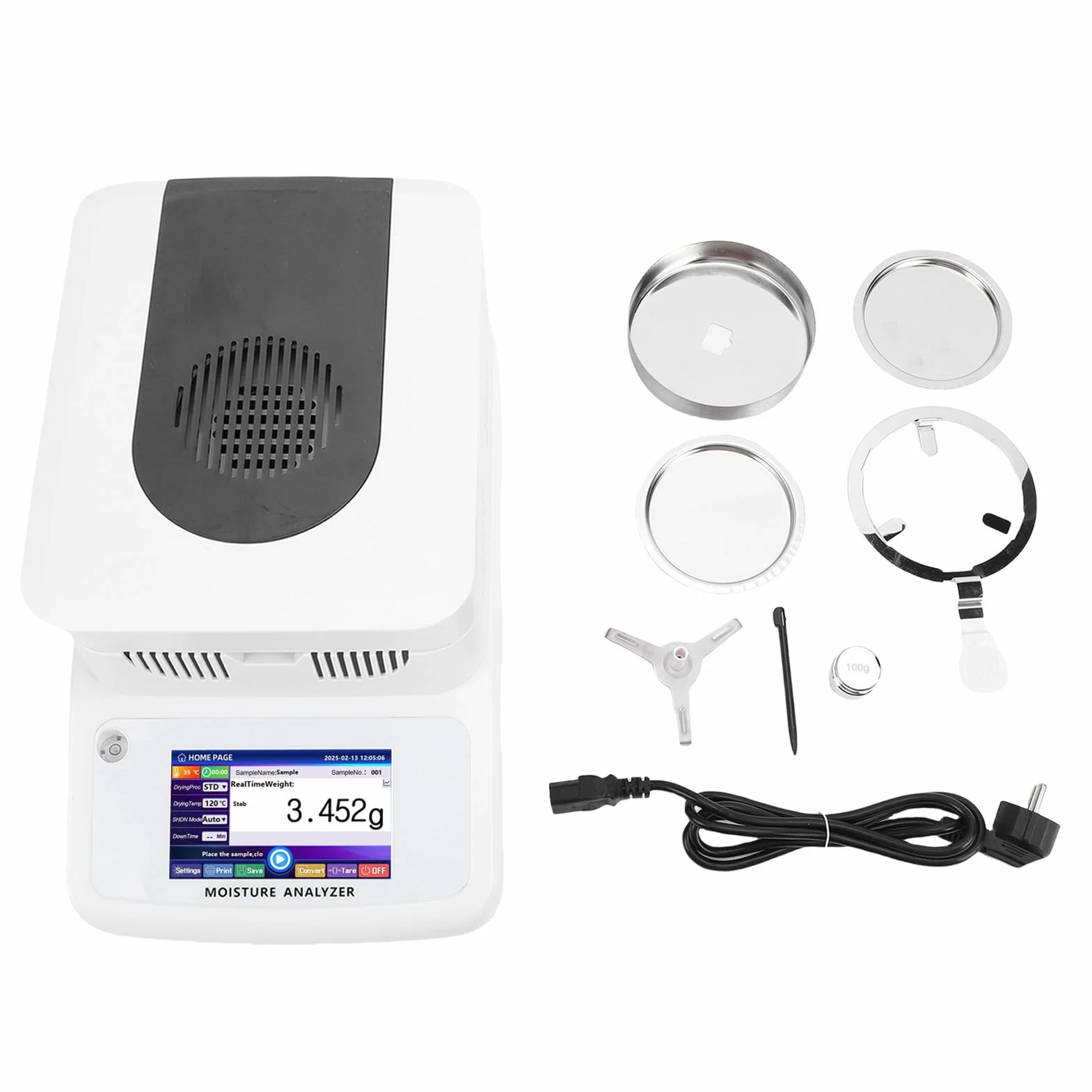 Analizador de Contenido de Agua de Calefacción Halógena, Medidor con Pantalla Táctil de 120 G para Alimentación de Maíz, Precisión de 0,002 G, con Acero Inoxidable, (Enchufe europeo 220V)