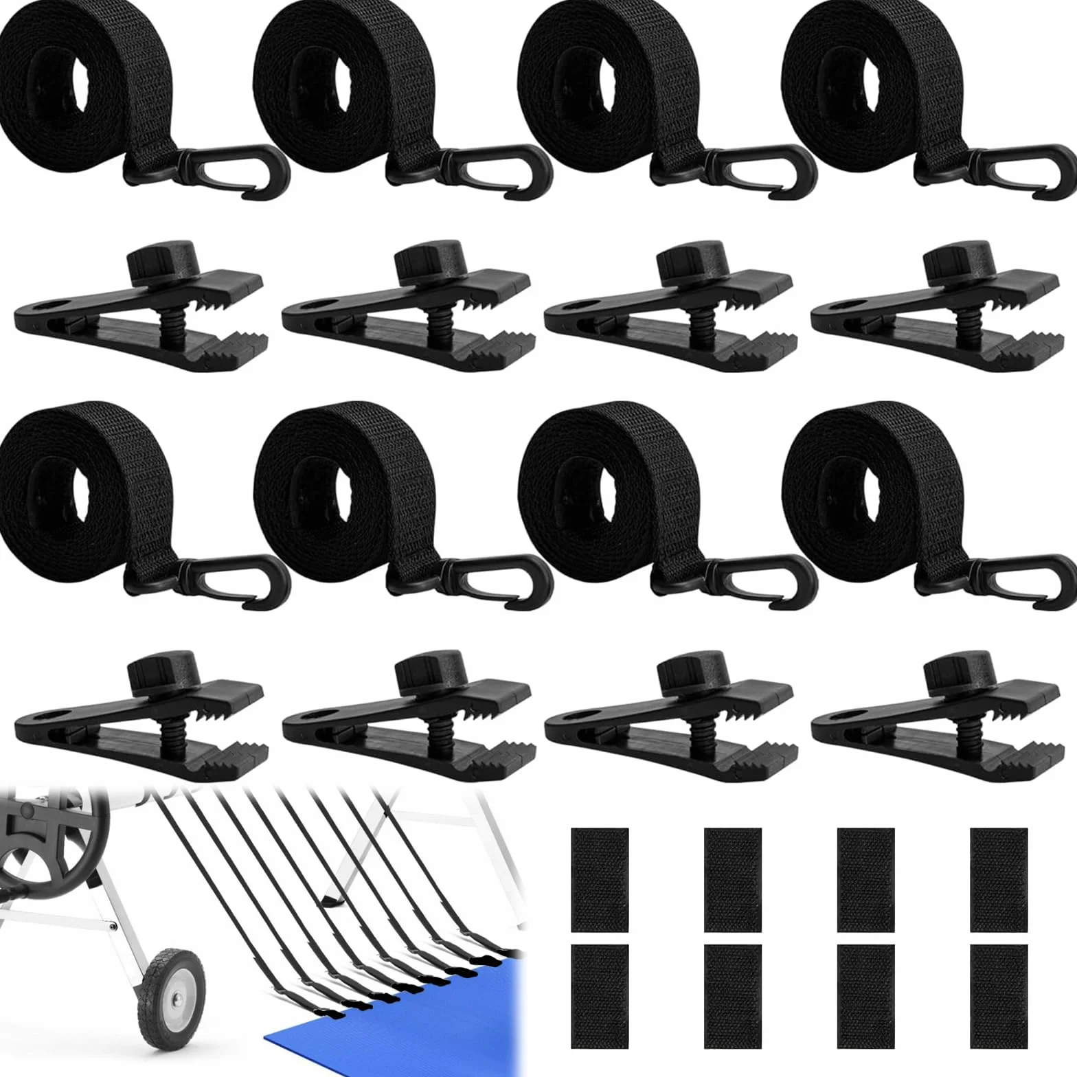 Enrollador de piscina, juego de 8 bandas de sujeción y 8 grapas, accesorios de cubierta, correas de cubierta solar y clips, para láminas solares para lonas de piscina, cubiertas