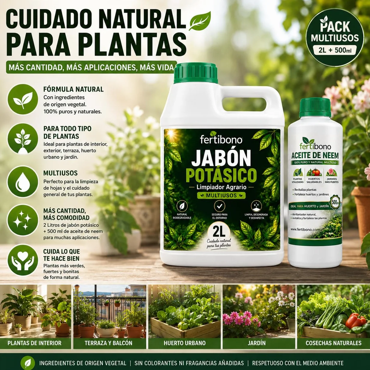 FERTIBONO FLORANIM Multiuso - Jabón Potásico 2L + Aceite de Neem 500 ml para Plantas, Huerto y Jardín - Pack Concentrado para Diluir en Agua y Pulverizar