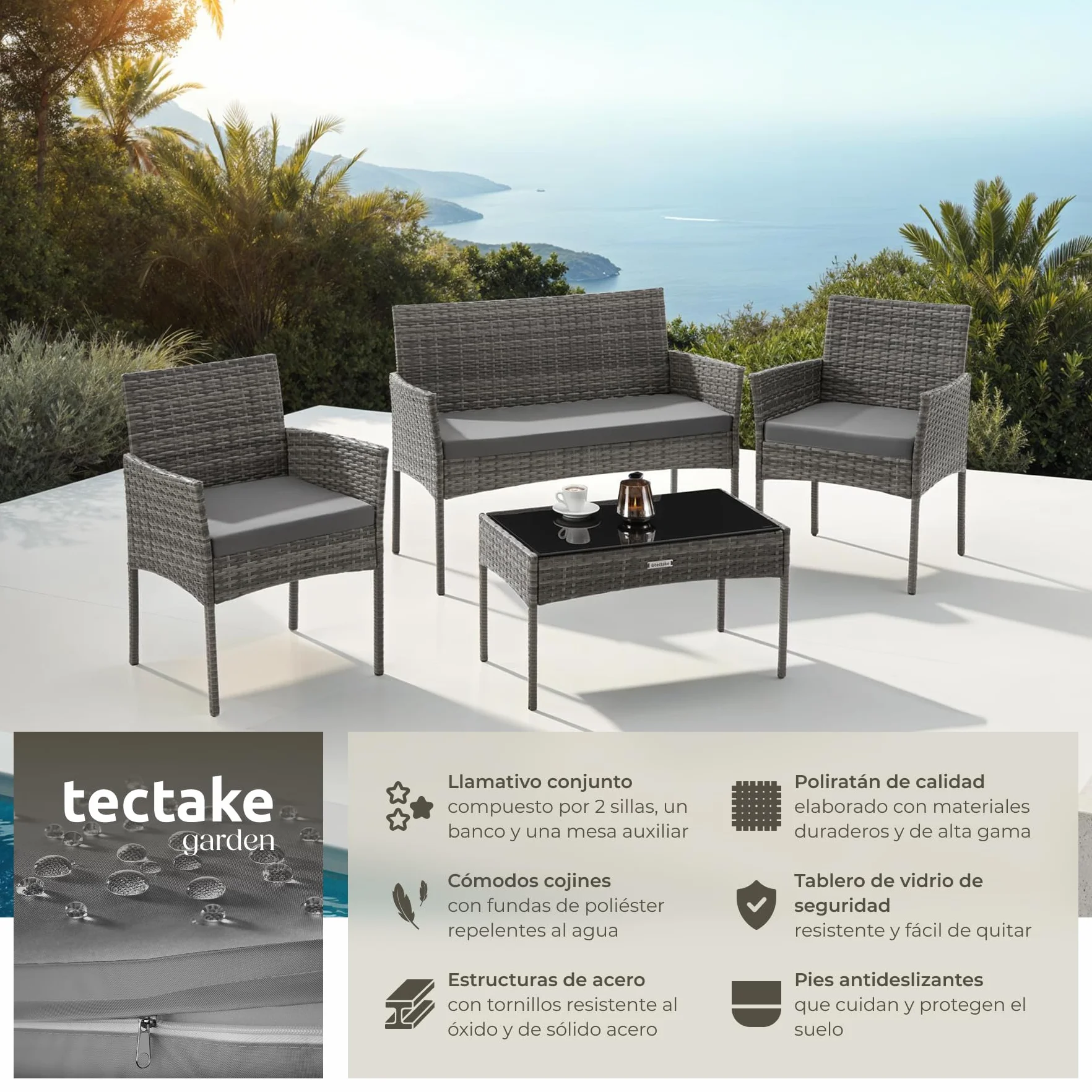 tectake® Conjunto Jardin Exterior de Ratán, Muebles Jardin Exterior para 4 Personas, Muebles Terraza con Mesa de Vidrio, Sofa Exterior y Sillas con Cojines Lavables, Sillon Cómodo - Gris