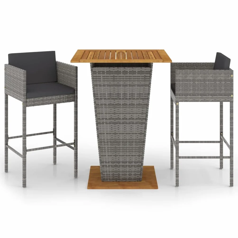 vidaXL Set de Muebles Bar Jardín 3 Piezas y Cojines Mesa Silla Asiento Patio Terraza Balcón Barra Bistró Muebles Mobiliario Ratán Sintético Gris