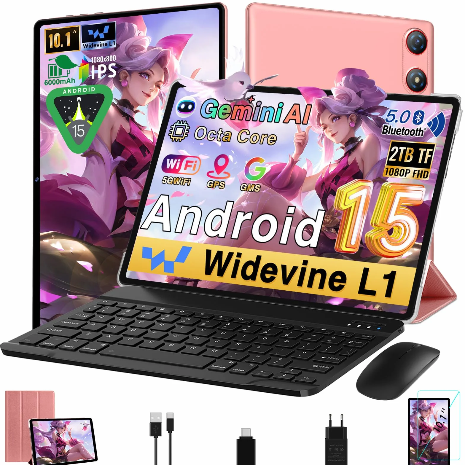 Gemini AI Tablet Android 15 10 Pulgadas 64GB ROM Octa-Core 5G WiFi 6 Widevine L1 GMS Bluetooth 5.0 1280x800 FHD IPS con Teclado y Ratón Rosa