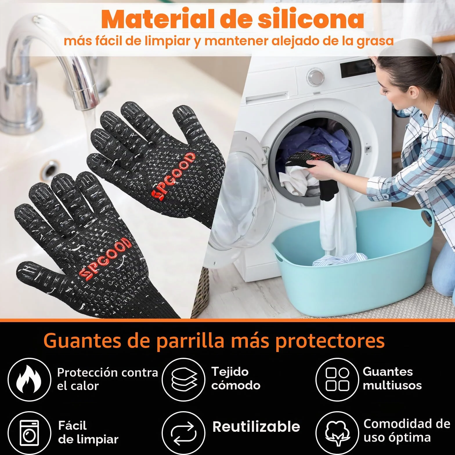 SPGOOD Guantes Barbacoa Guantes Horno Altas temperaturas Largos, BBQ Guantes Resistentes al Calor hasta 800℃ para Cocina, Parrilla, Hornear, Microondas, Chimenea Negro（L/XXL）