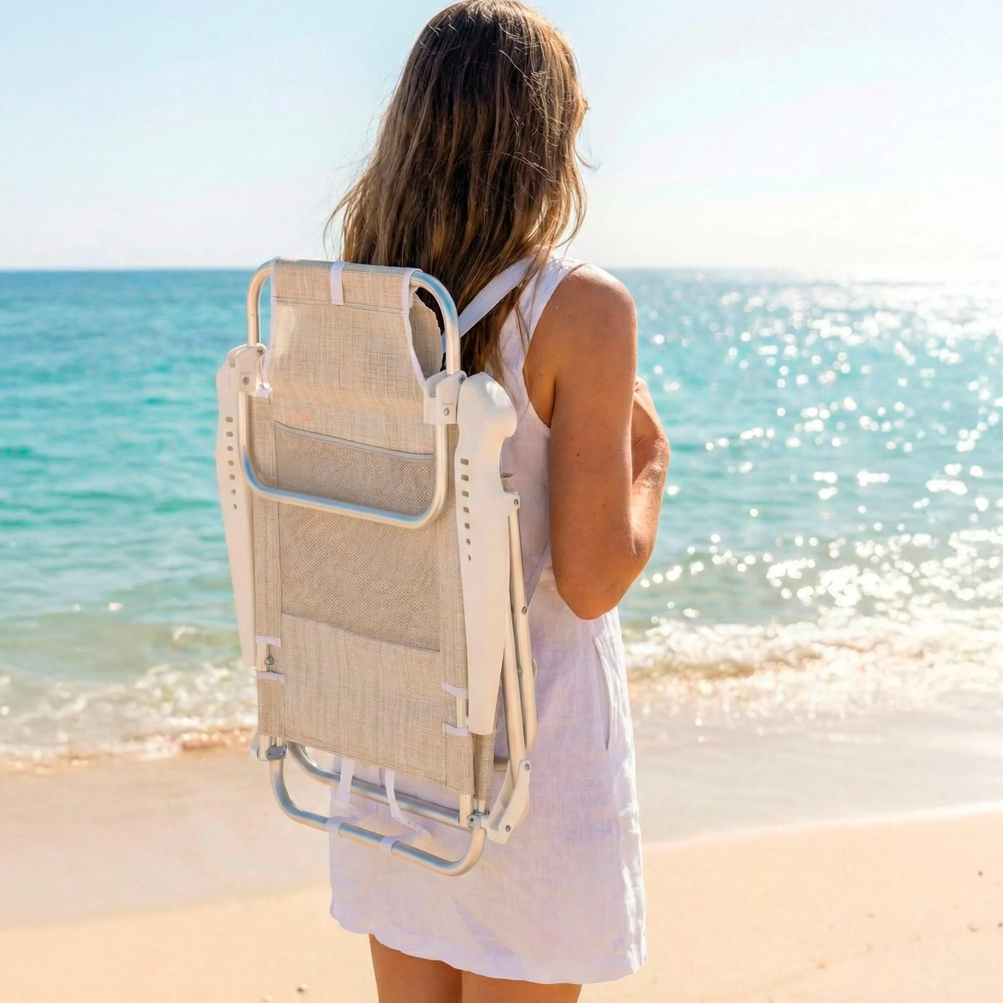 AKTIVE Silla de Playa Plegable, Beige, Multiposición 8 Posiciones, Textileno y Aluminio, 47x49x82 cm, Soporta 110 kg, con Asa de Transporte