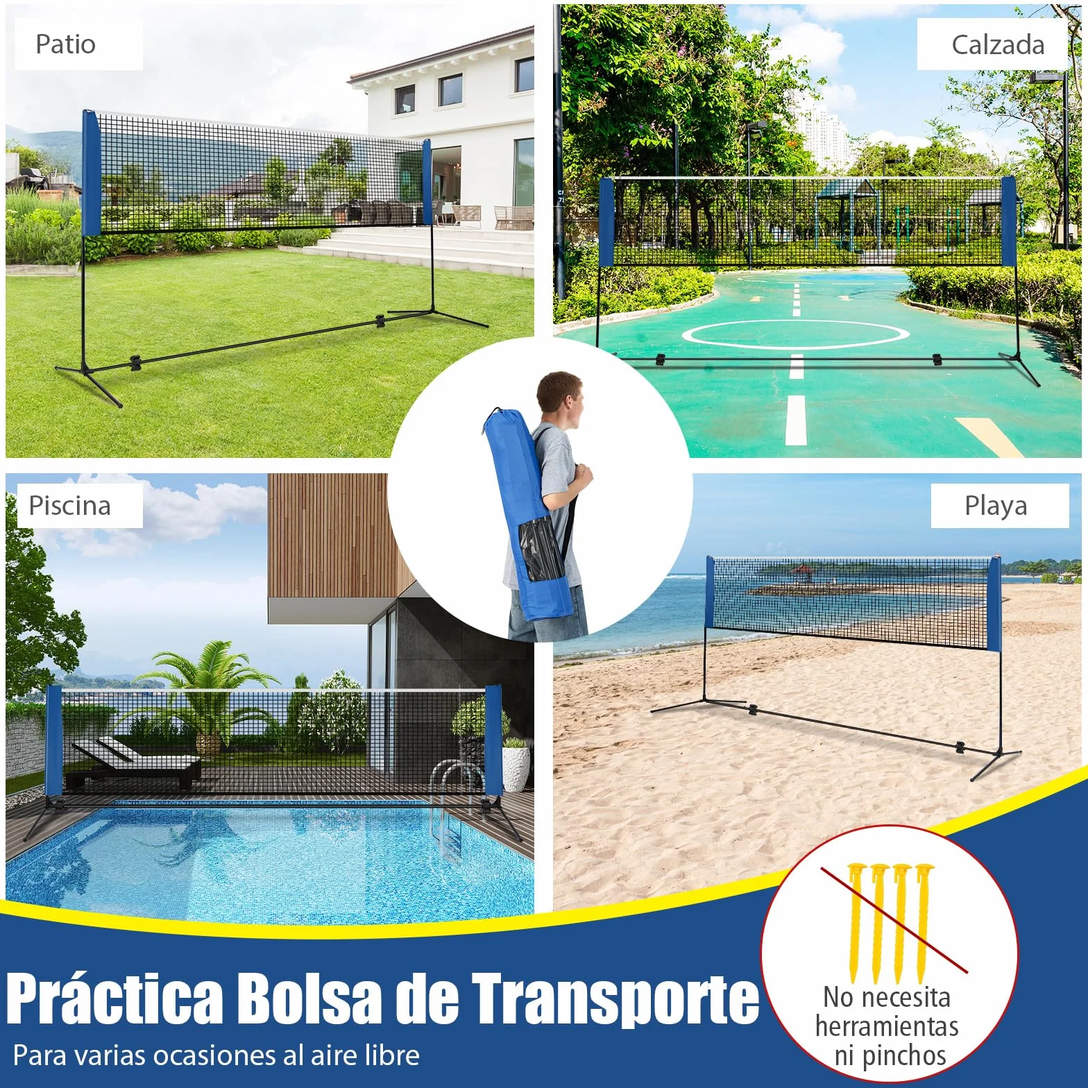 COSTWAY Red Badminton Plegable Altura Ajustable 89-155 cm Redes Portátil 2 Volantes Bolsa Transporte