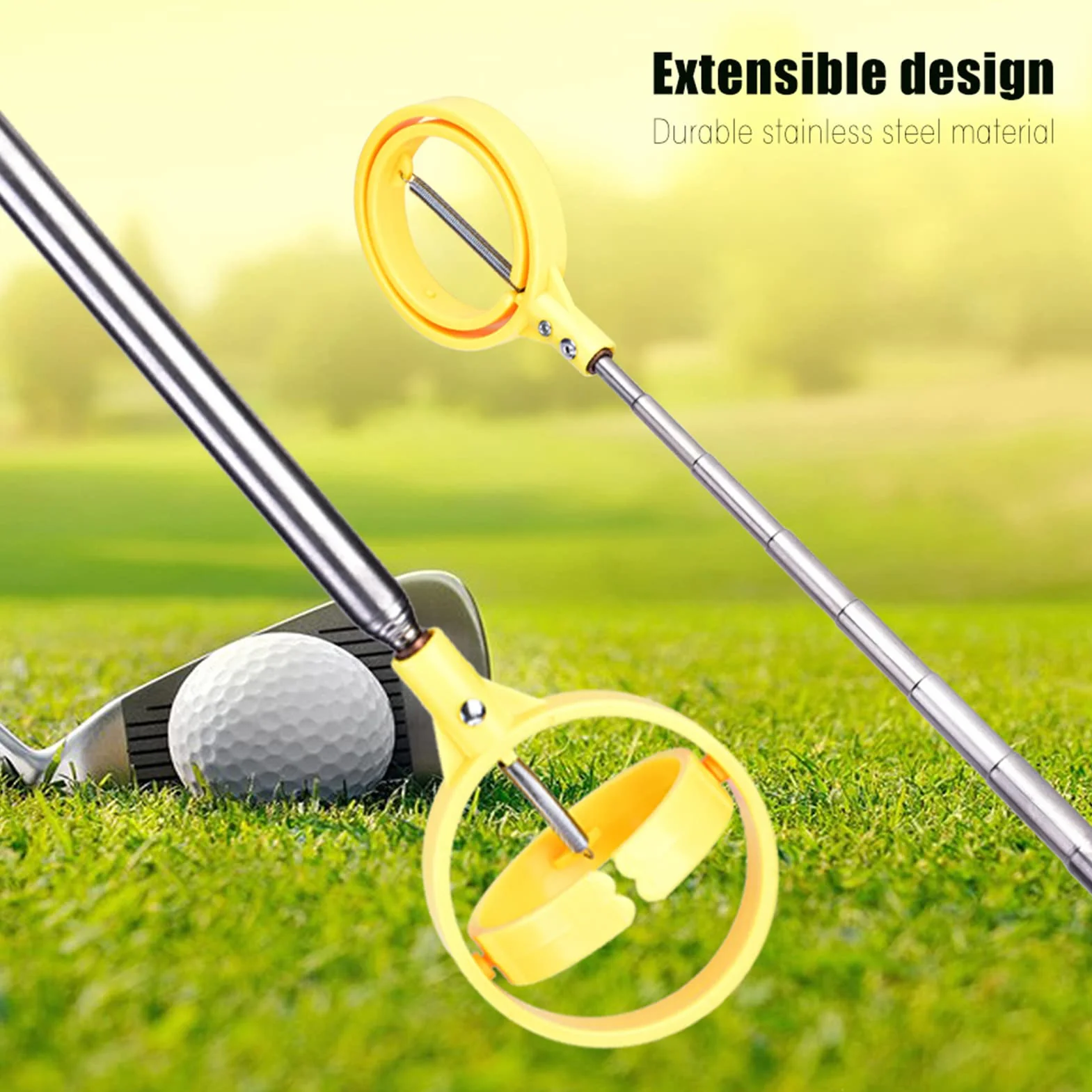 Dioche Golf Ball Retriever Telescópica Acero Inoxidable Automatic Lock Scoop Amarillo